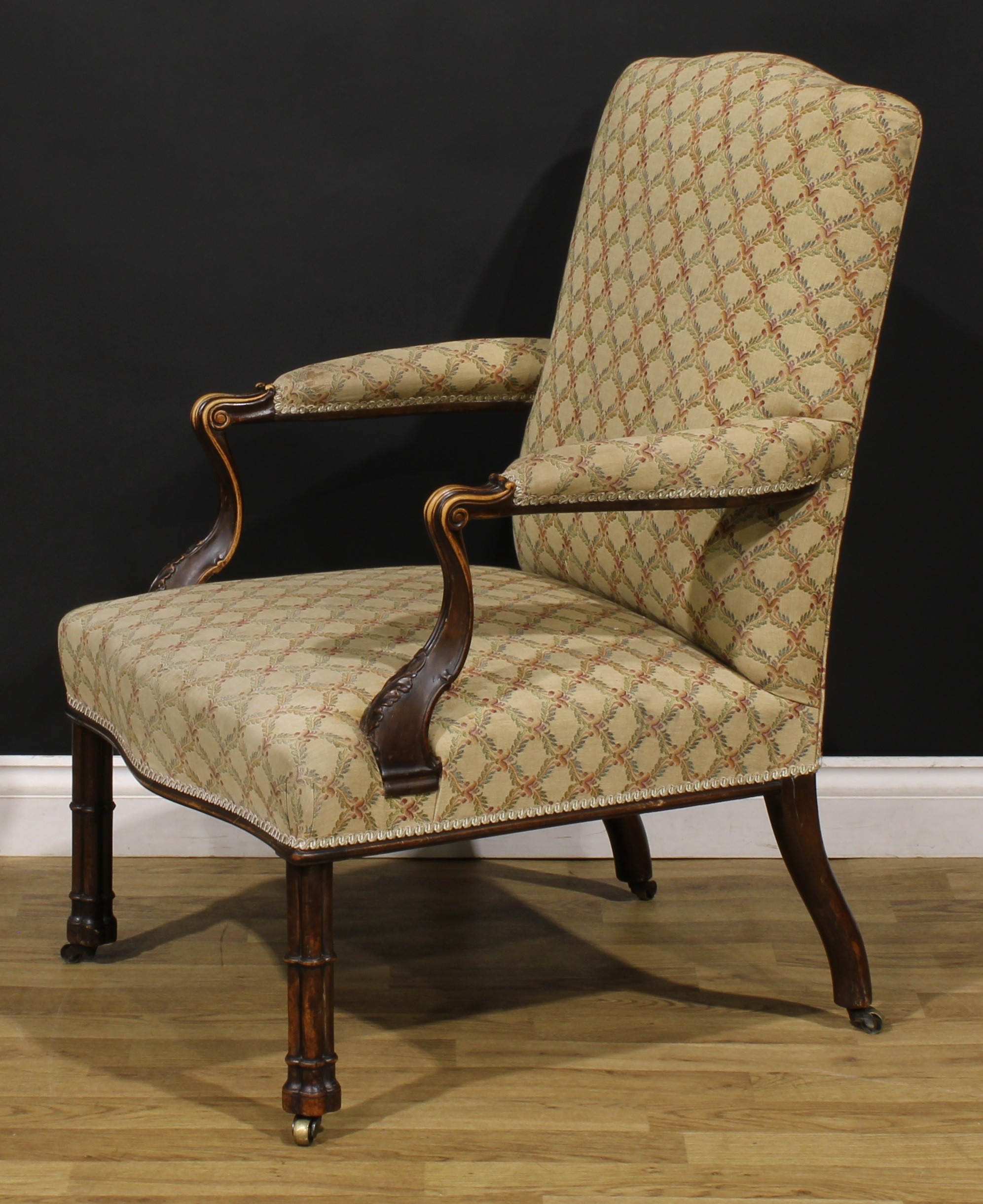 A 19th century French Hepplewhite Revival elbow chair, stuffed-over upholstery, scroll hand rests, - Image 3 of 4