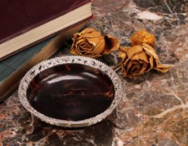 A Victorian silver mounted tortoiseshell circular dressing table trinket dish, pierced and chased