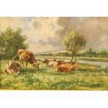 Robert William Arthur Rouse (1869 - 1950) Cattle Resting signed, oil on canvas, 13.5cm x 20cm