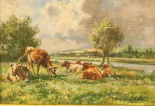 Robert William Arthur Rouse (1869 - 1950) Cattle Resting signed, oil on canvas, 13.5cm x 20cm