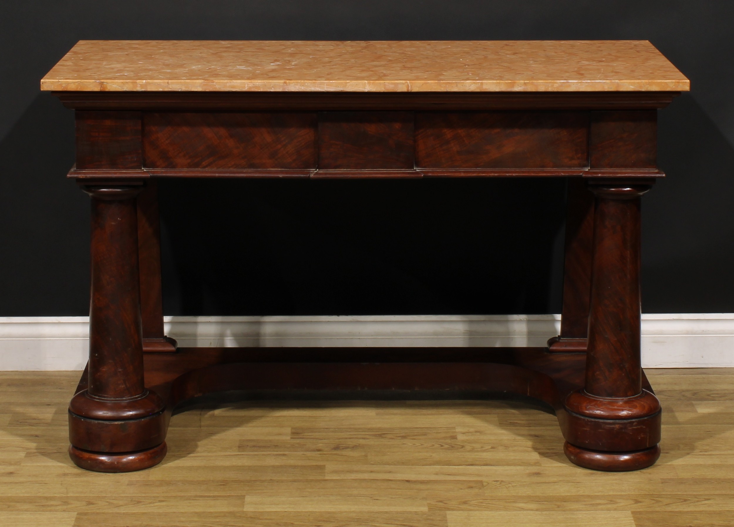 A Victorian mahogany pier table, marble top above two frieze drawers, spreading cylindrical - Image 2 of 6