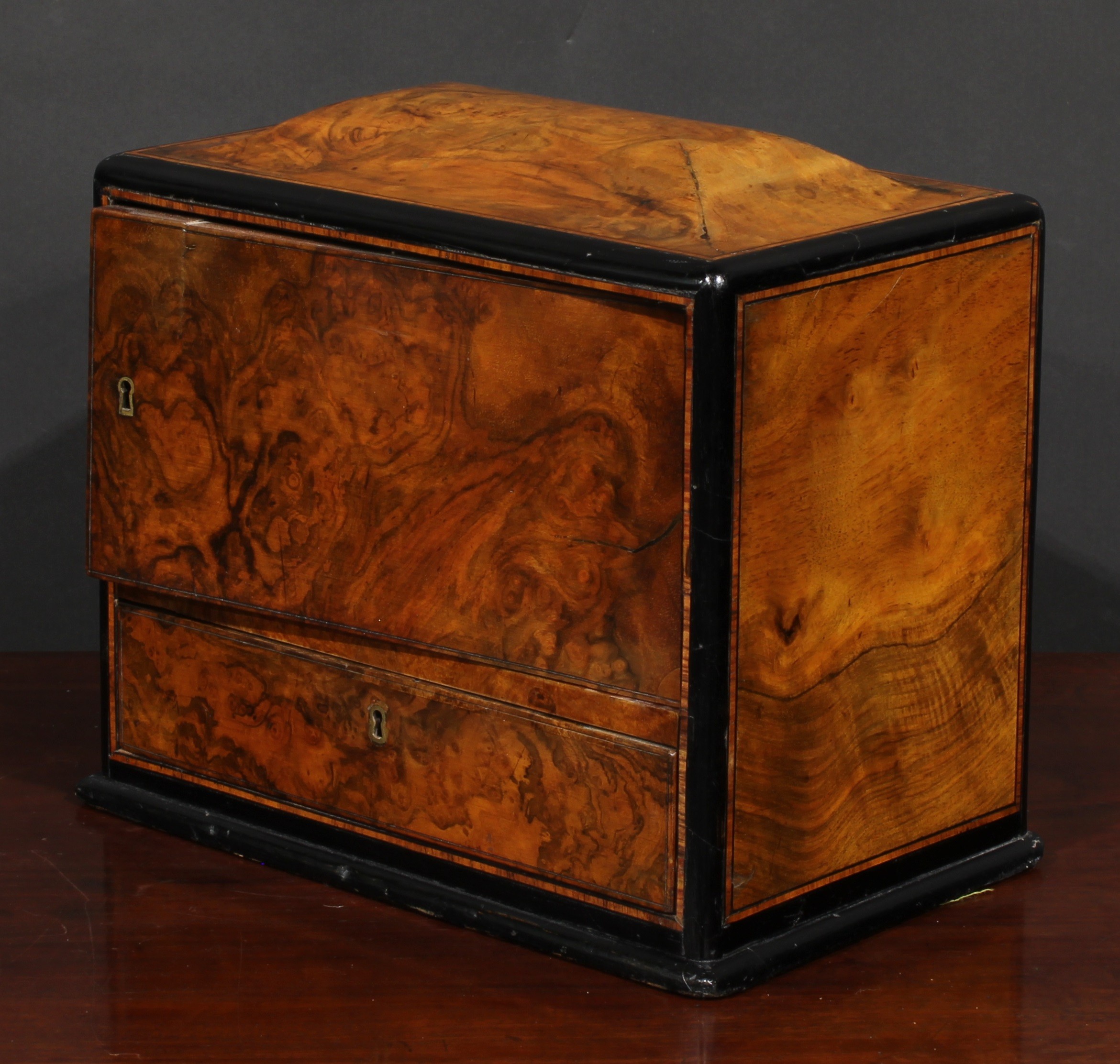 A Victorian burr walnut table-top work box, sarcophagus cresting above a revolving compartment and a - Image 3 of 3