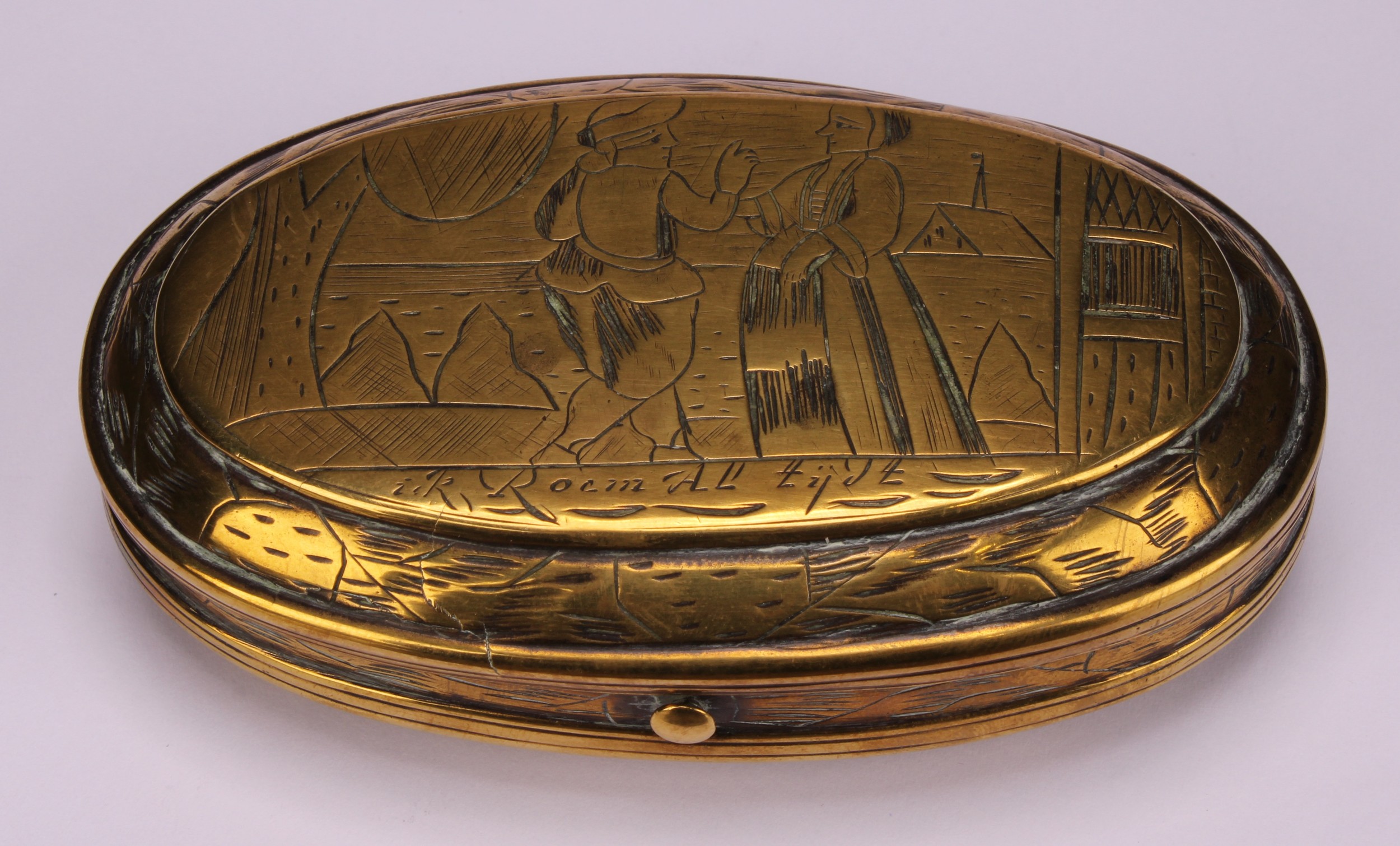 An early 18th century Dutch brass oval tobacco box, engraved with narrative scenes, hinged cover - Image 2 of 6