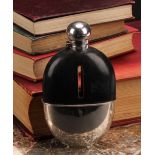 A Victorian silver mounted curved ovoid hip flask, hinged domed bayonet cap, stirrup cup to base,