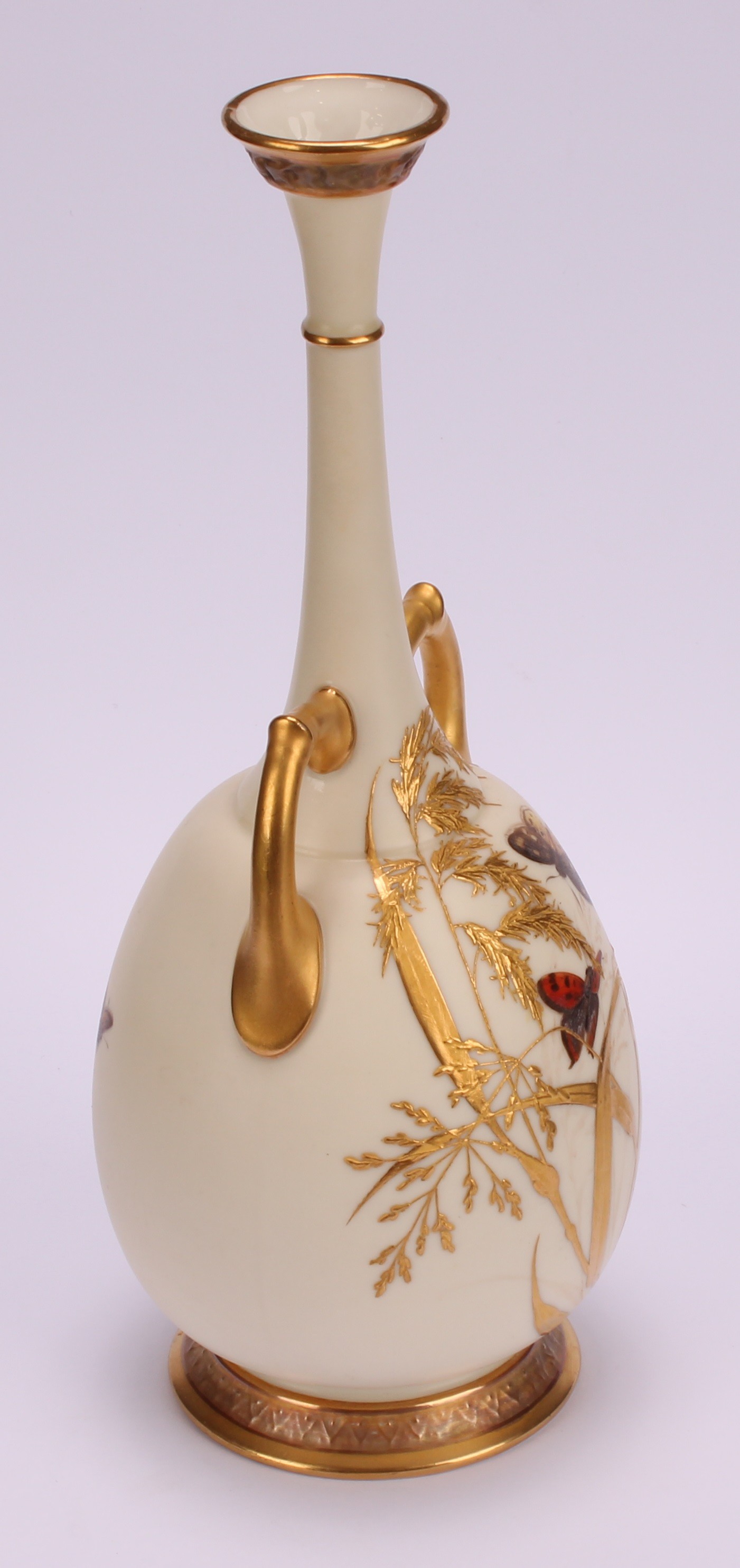 A pair of Royal Worcester two handled bottle vases, decorated in the Aesthetic manner with - Image 4 of 10