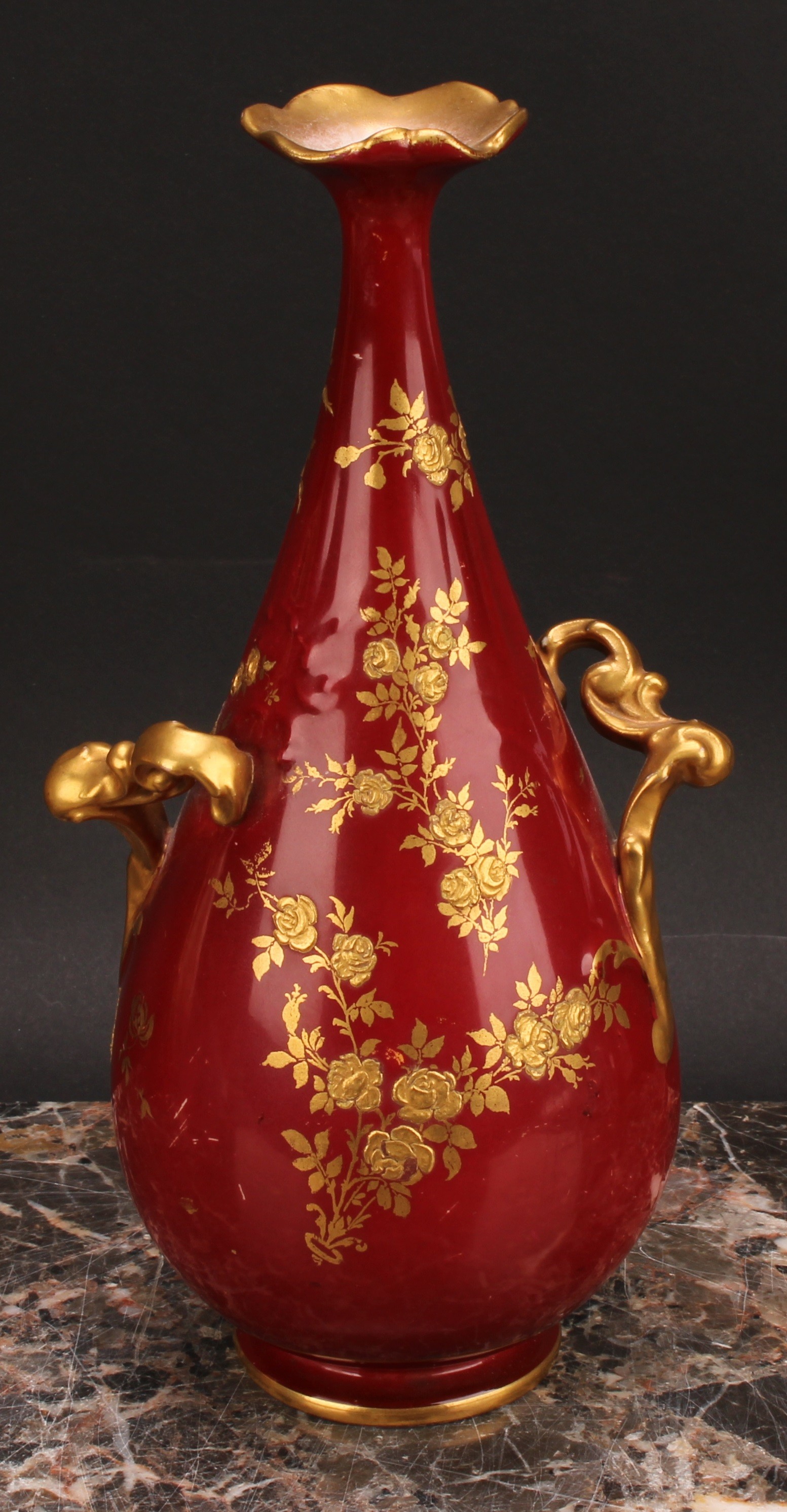 A pair of Doulton Burslem two handled pedestal bottle vases, painted by S. Wilson, signed, with - Image 6 of 14