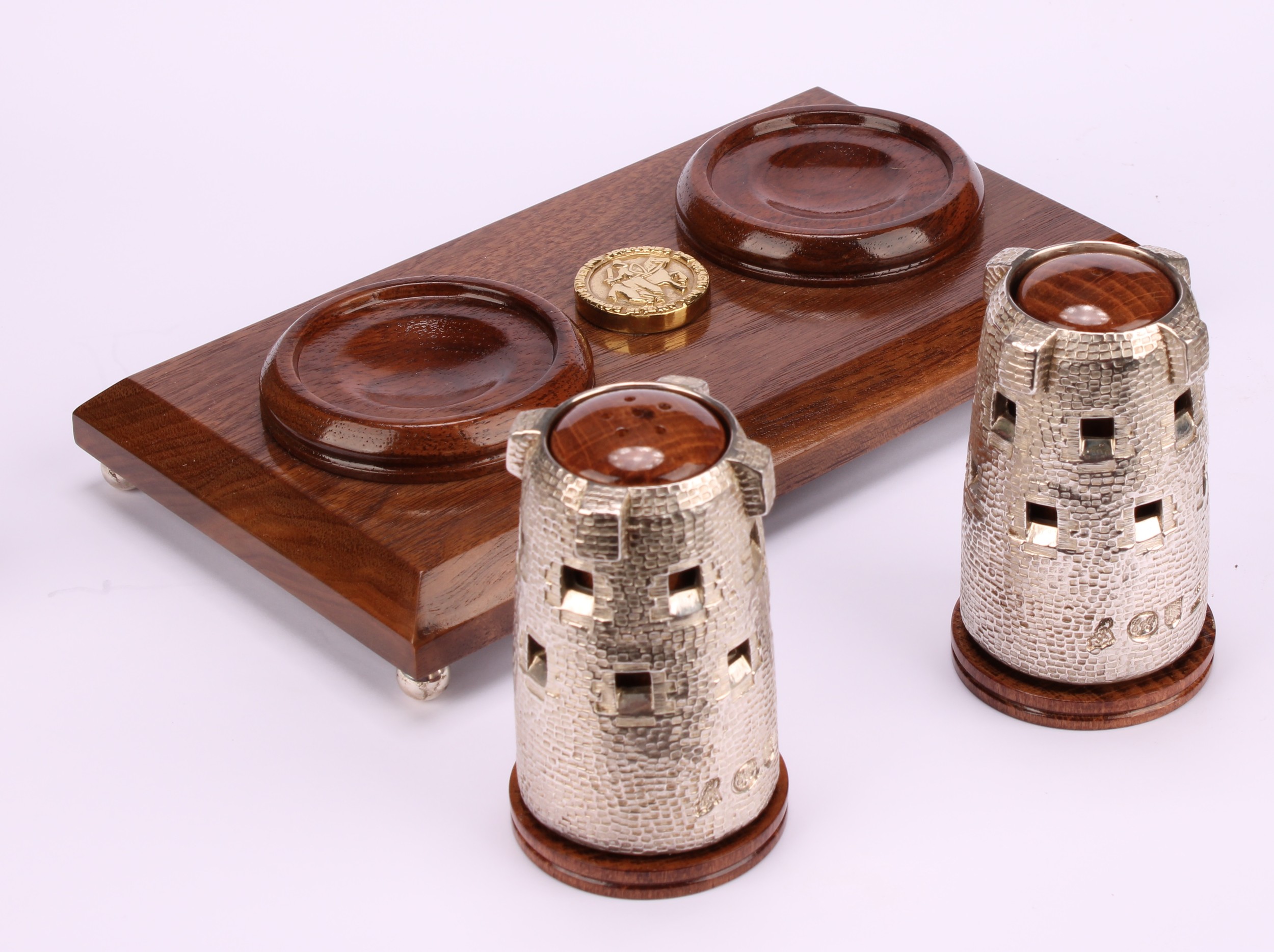 A Channel Islands silver novelty cruet stand, the condiments cast as Martello towers, each removable - Image 4 of 5