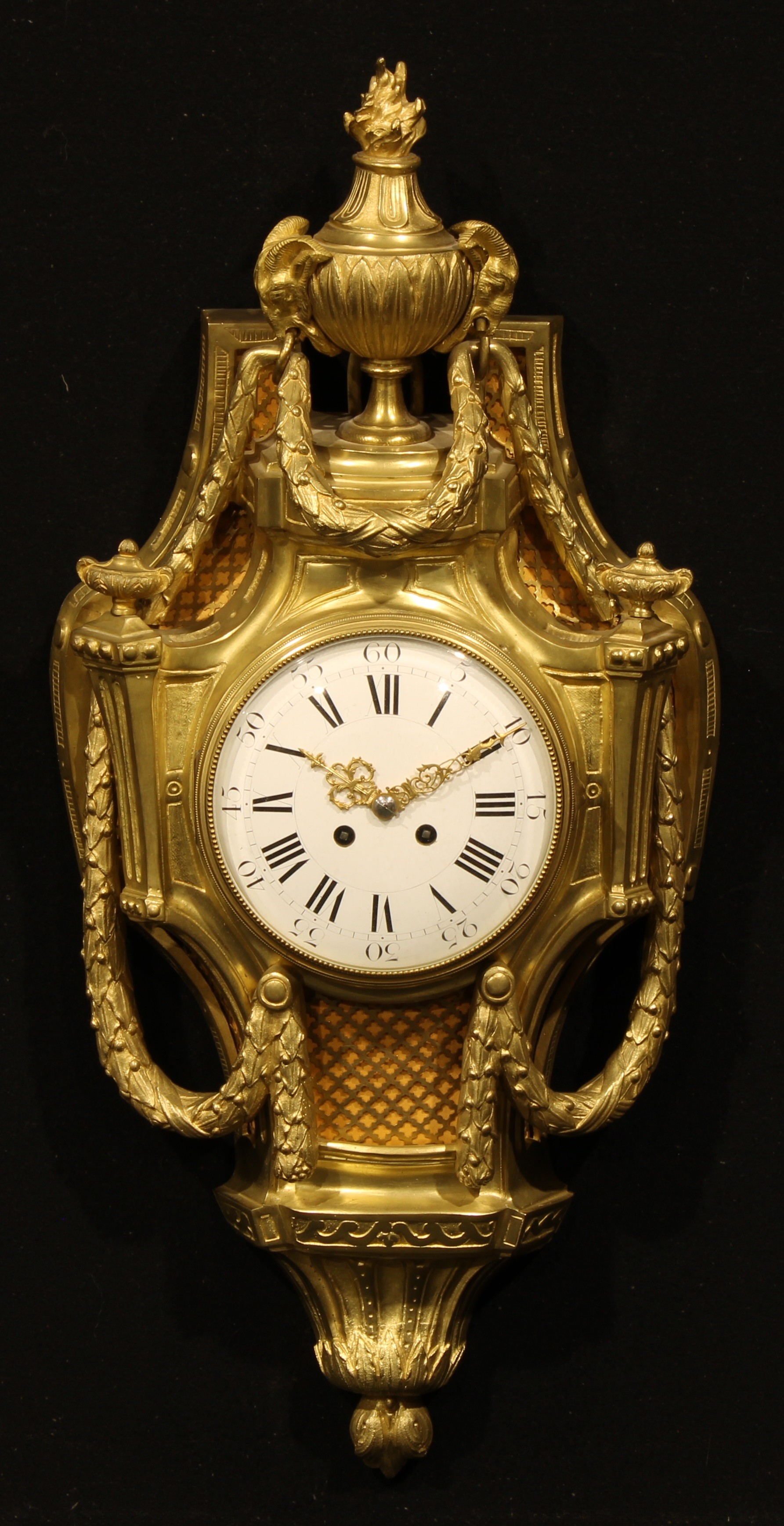 A late 19th century French Louis XVI Revival gilt bronze cartel wall clock, 15.5cm circular enamel