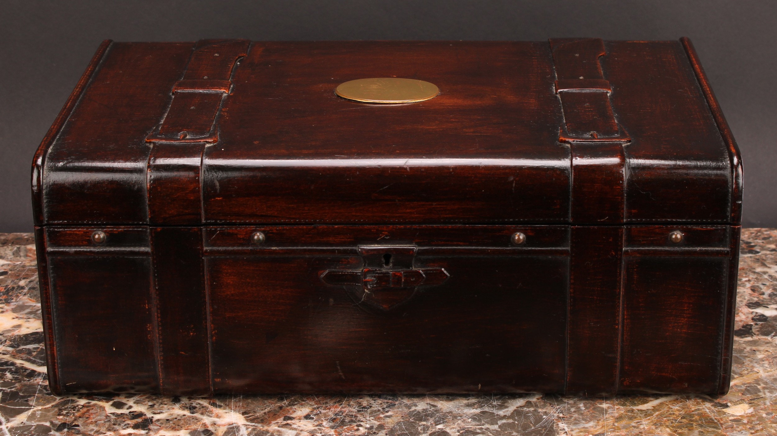 An unusual stained beechwood rectangular desk box, carved as a leather bound coaching trunk, the - Image 2 of 4