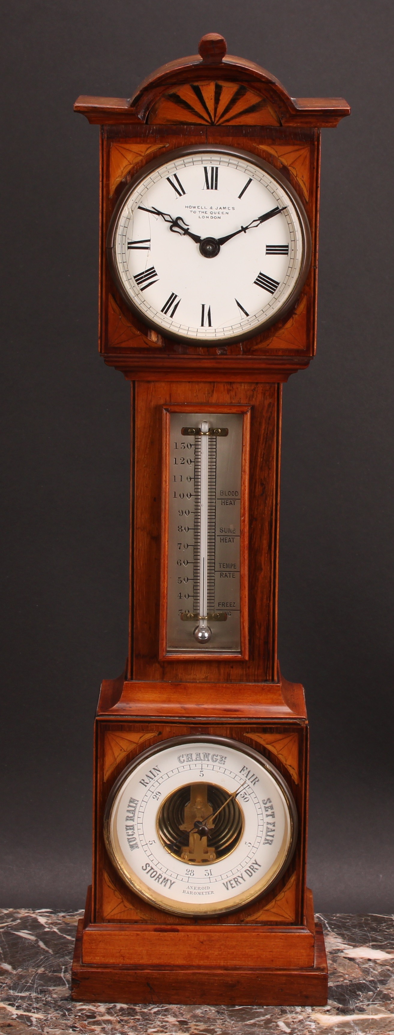 A late Victorian rosewood and marquetry novelty library weather station, as a miniature longcase