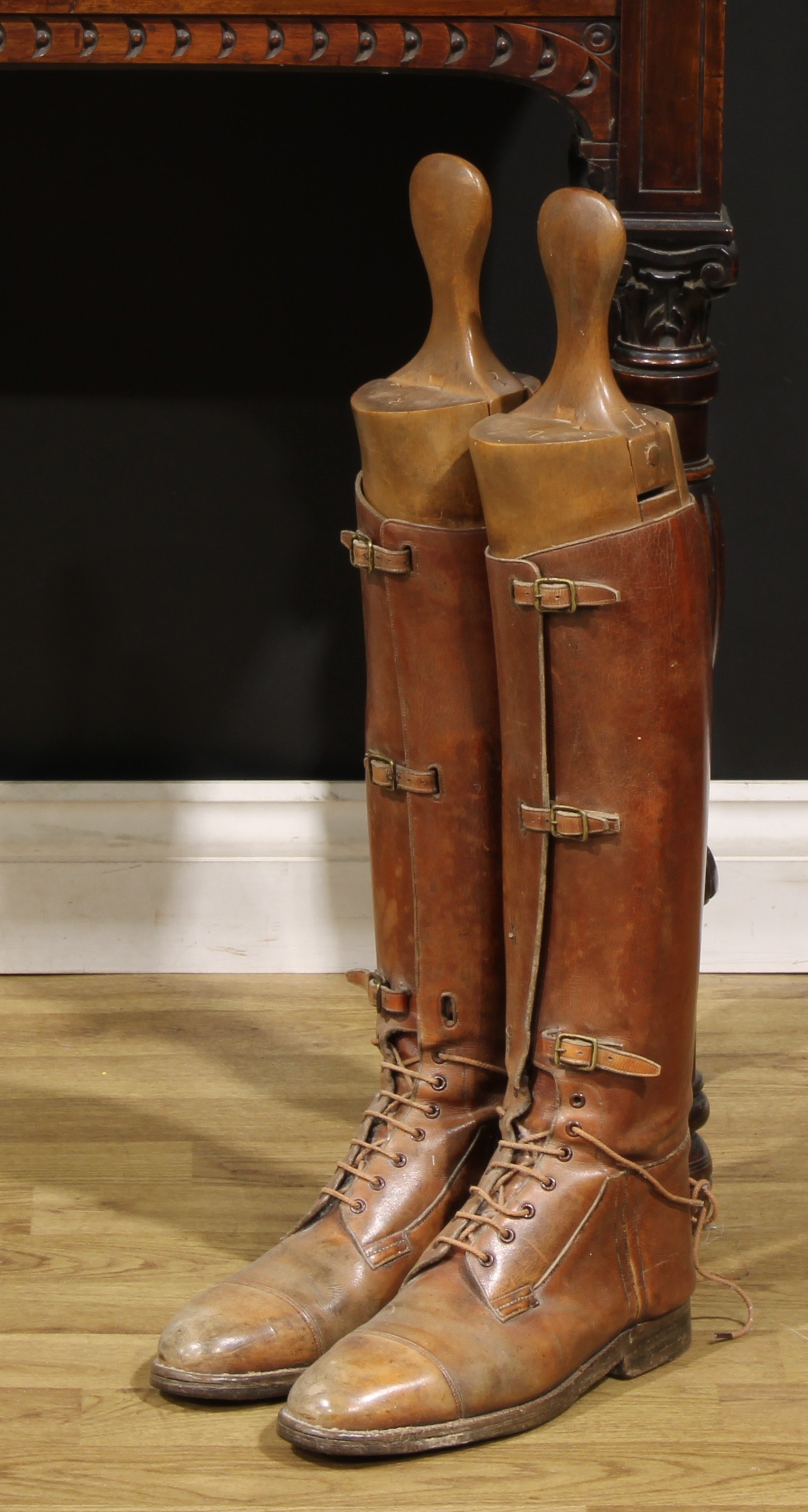 A pair of 19th century country gentleman's tan leather knee length riding boots, with beech boot