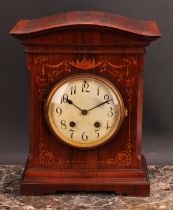 An early 20th century rosewood and marquetry mantel clock, 12cm circular dial inscribed with
