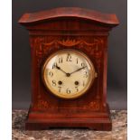 An early 20th century rosewood and marquetry mantel clock, 12cm circular dial inscribed with