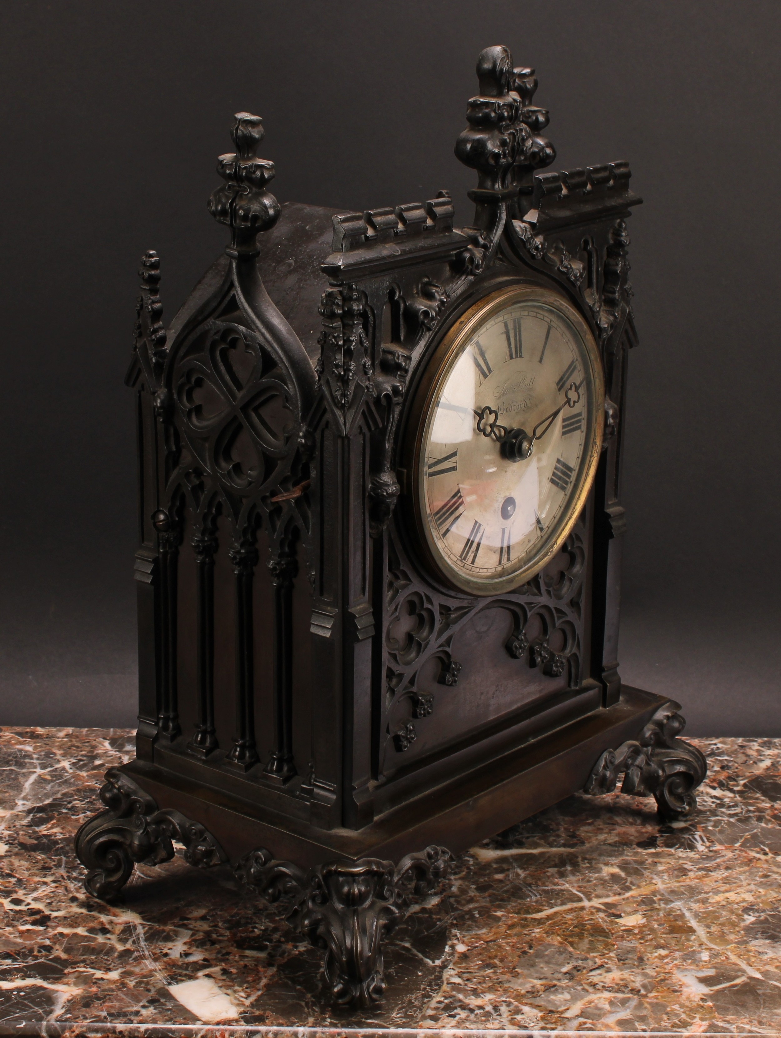 A Victorian Gothic Revival cast bronzed metal double-fusee bracket clock, 12.5cm circular silvered - Bild 2 aus 3