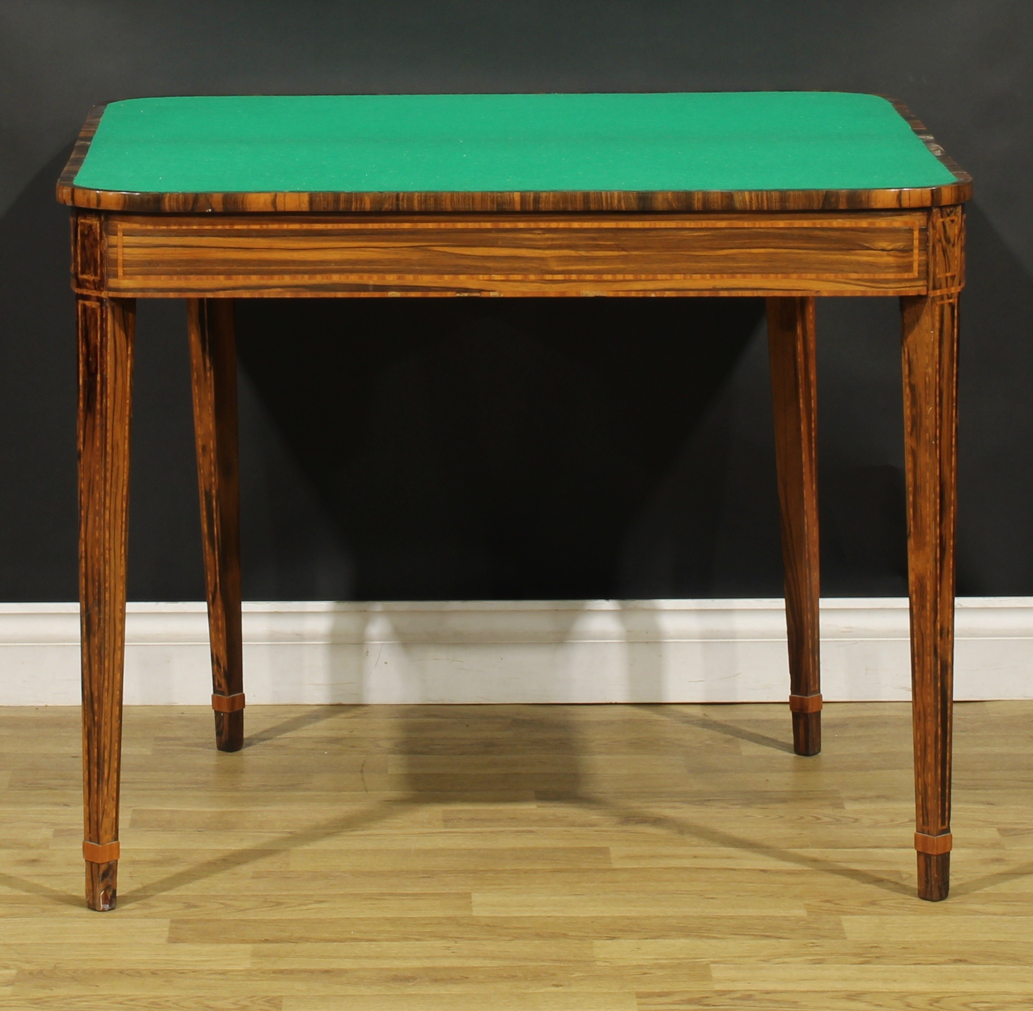 A George III satinwood crossbanded coromandel card table, hinged top enclosing a baize lined playing - Image 3 of 6