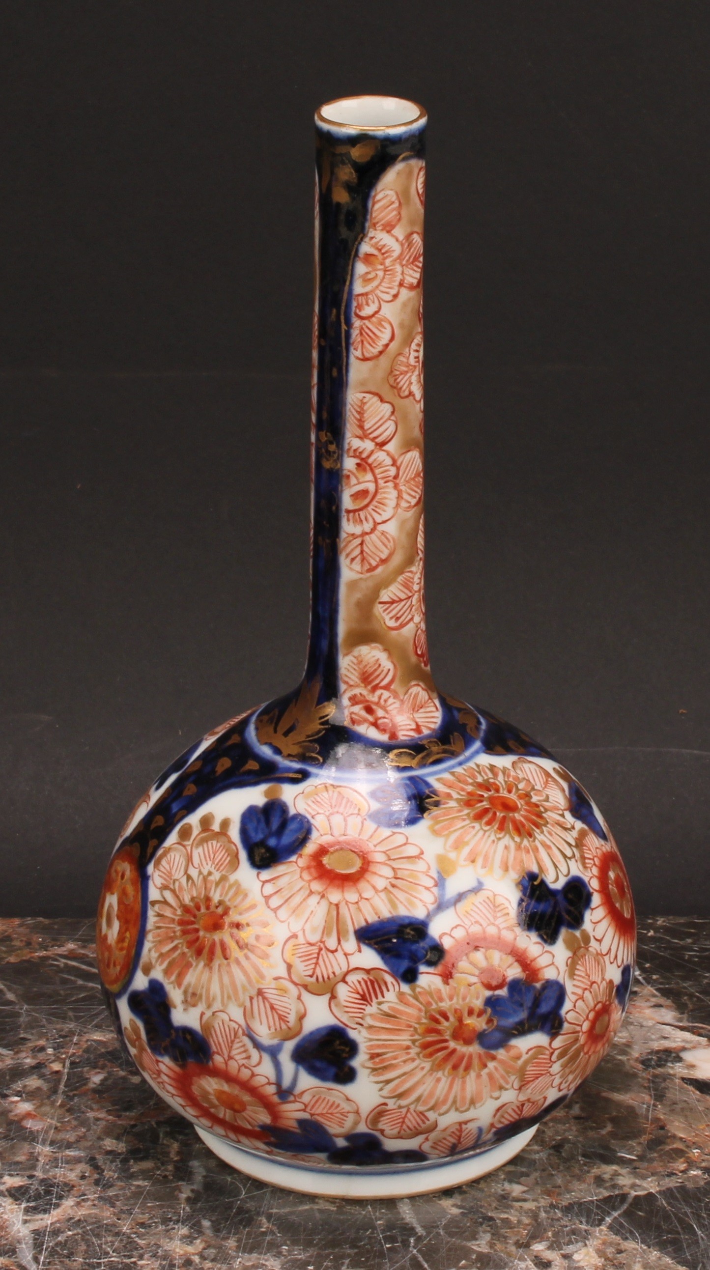 A pair of Japanese porcelain bottle vases, decorated in the Imari palette with peonies and - Image 4 of 8
