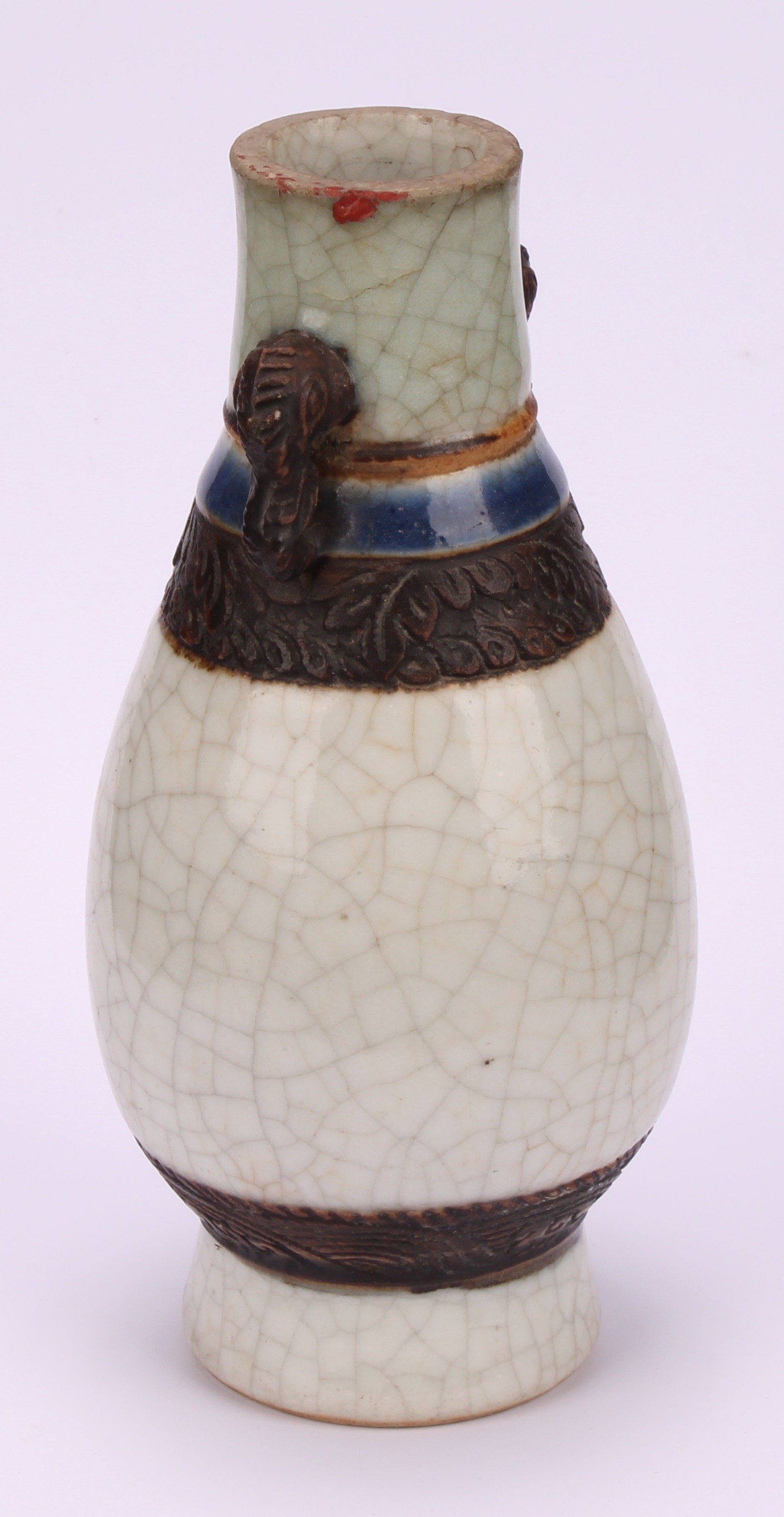 A Chinese crackle glazed ovoid vase, elephant handles, brown, blue and celadon ground, 18.5cm - Image 4 of 7