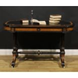 A Victorian amboyna banded ebonised library table, slightly oversailing top with moulded edge
