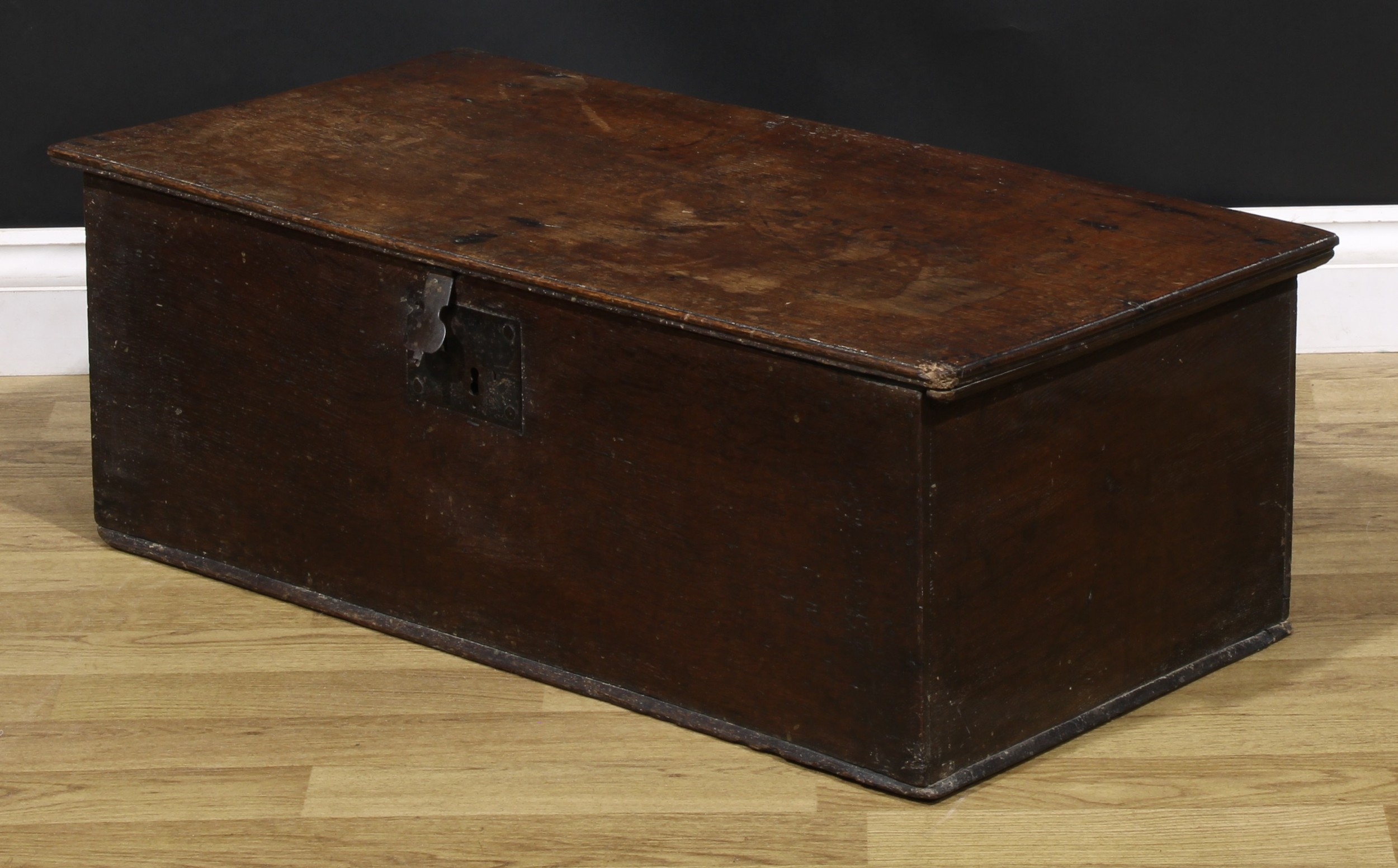 An 18th century oak six-plank boarded table box, hinged top, iron hasp and lock plate, 30cm high, - Image 4 of 4