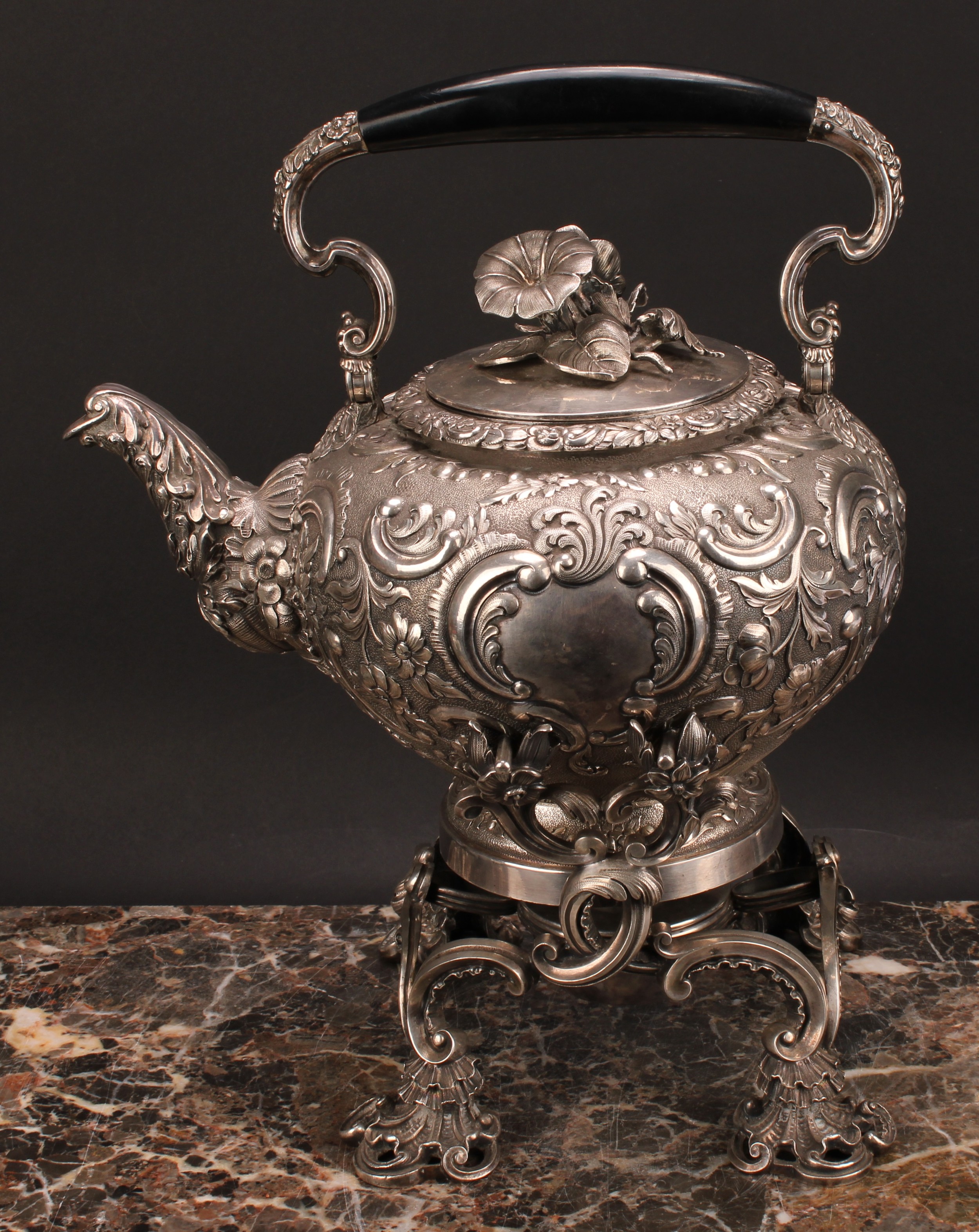 A large French Rococo Revival silver plated spirit kettle, burner and stand, profusely chased with - Image 2 of 5