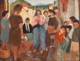 Modern School Figures in the Mediterranean, monogrammed MP, oil on board, 35cm x 45cm