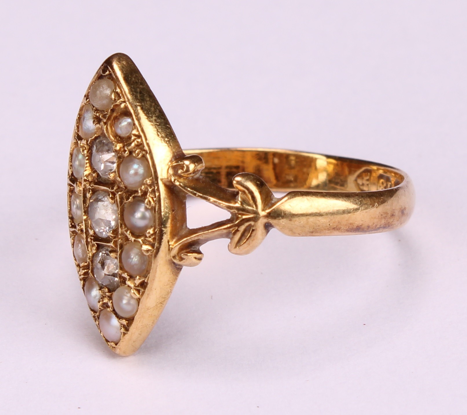 A diamond, seed pearl and 18ct gold navette shaped ring, set with three diamonds within 12 seed - Image 3 of 4