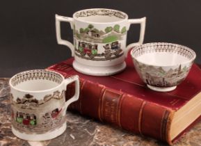 Railway Interest - steam locomotives, a 19th century Staffordshire pearlware two handled loving cup,