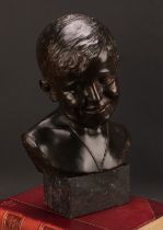 Eduardo Rossi (1867-1926), a brown patinated bronze, bust of a young boy, signed in the maquette,