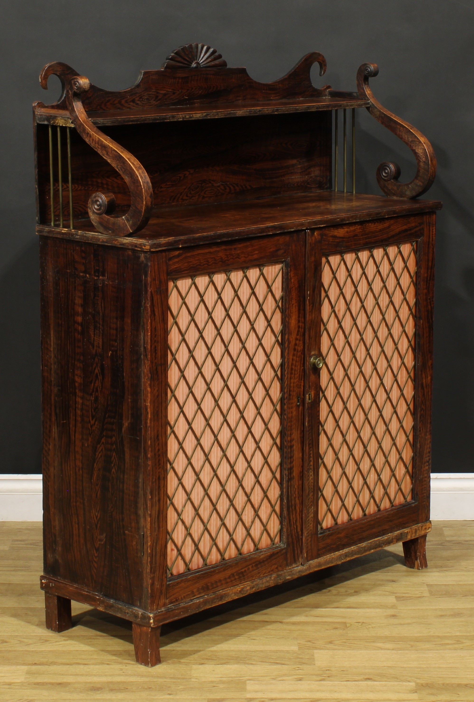 An unusual George IV simulated rosewood chiffonier, shaped superstructure with shallow shelf, - Image 3 of 5