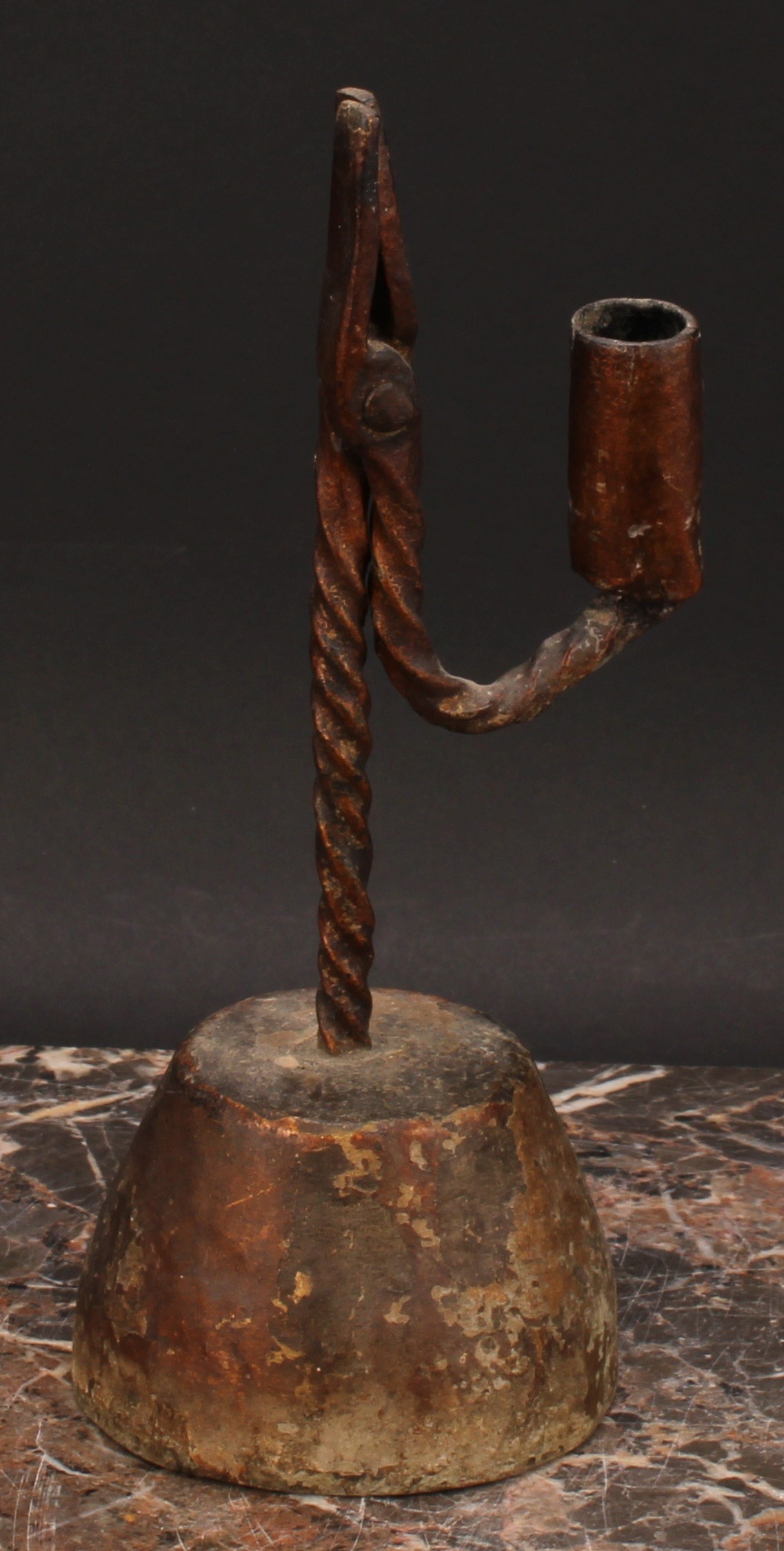 A wrought iron nip rushlight and candle holder, twist stem, domed circular wood base, 23cm high, - Image 3 of 3
