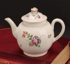 A Worcester globular teapot and cover, painted with floral bouquets in polychrome, flower finial,