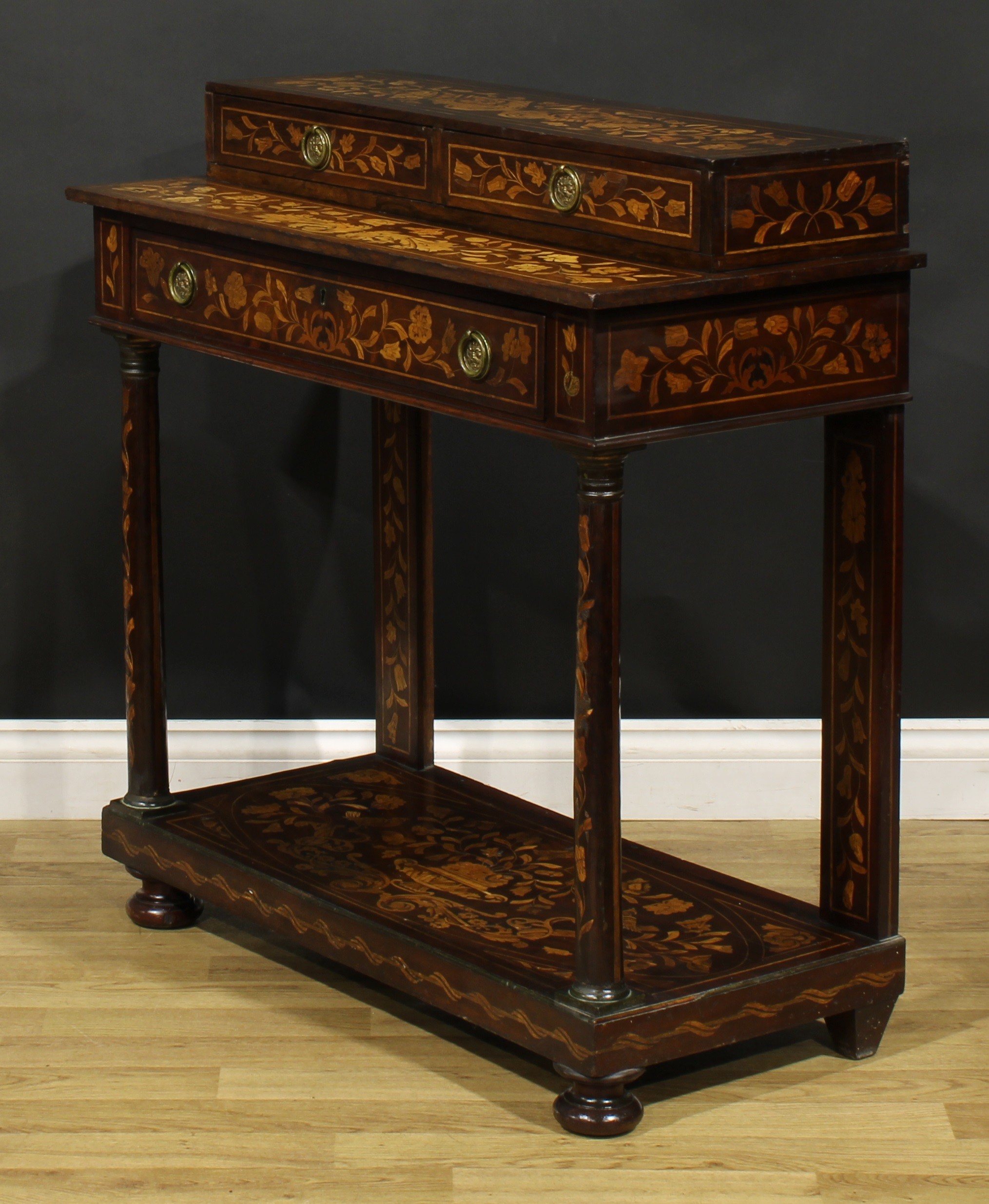 A 19th century Dutch marquetry pier table, rectangular superstructure with a pair of short - Image 5 of 6