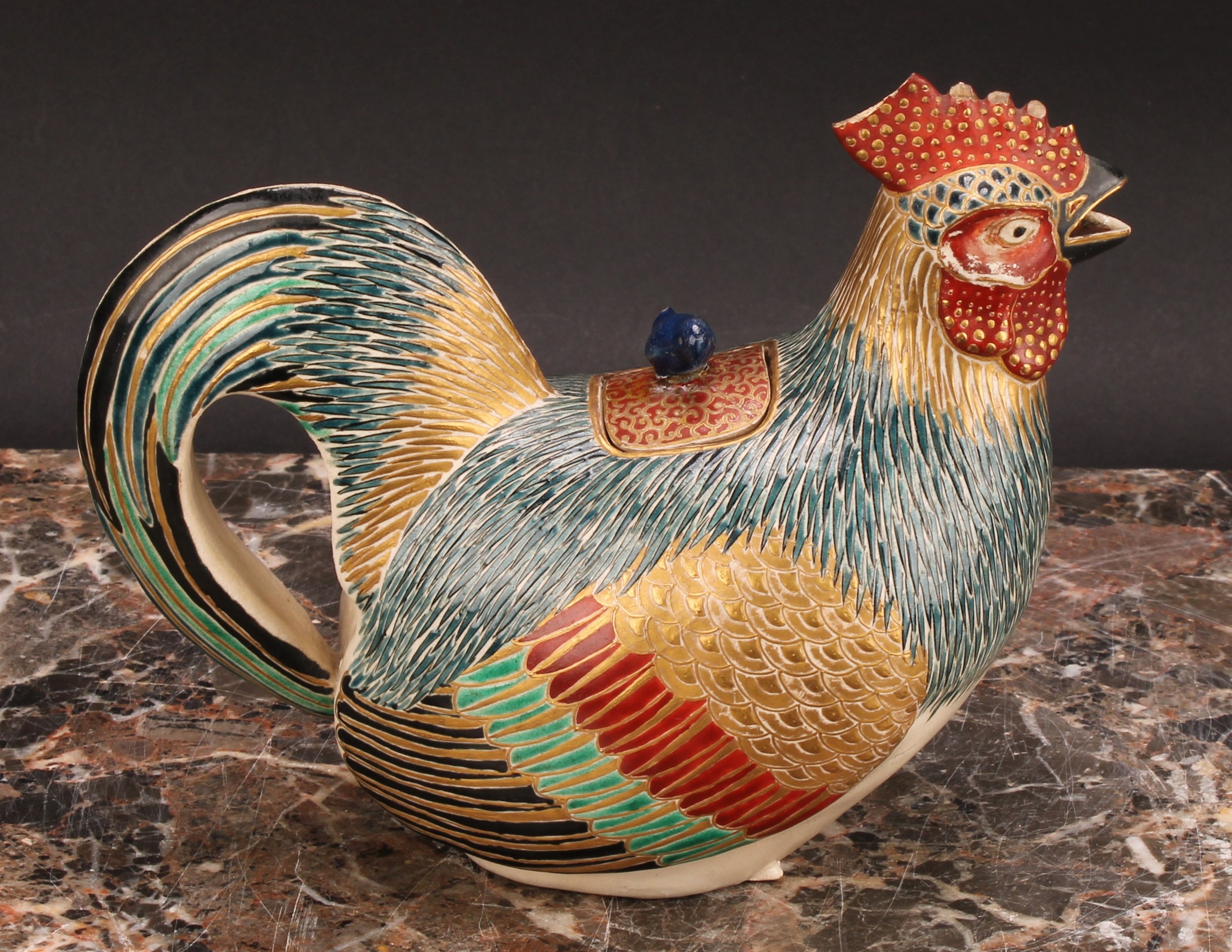 A Japanese satsuma teapot, as a cockerel, painted in polychrome and picked out in gilt, 18cm long, - Image 2 of 7