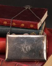 A George V silver rectangular aide memoir, hinged cover enclosing a fitted interior with ivorine