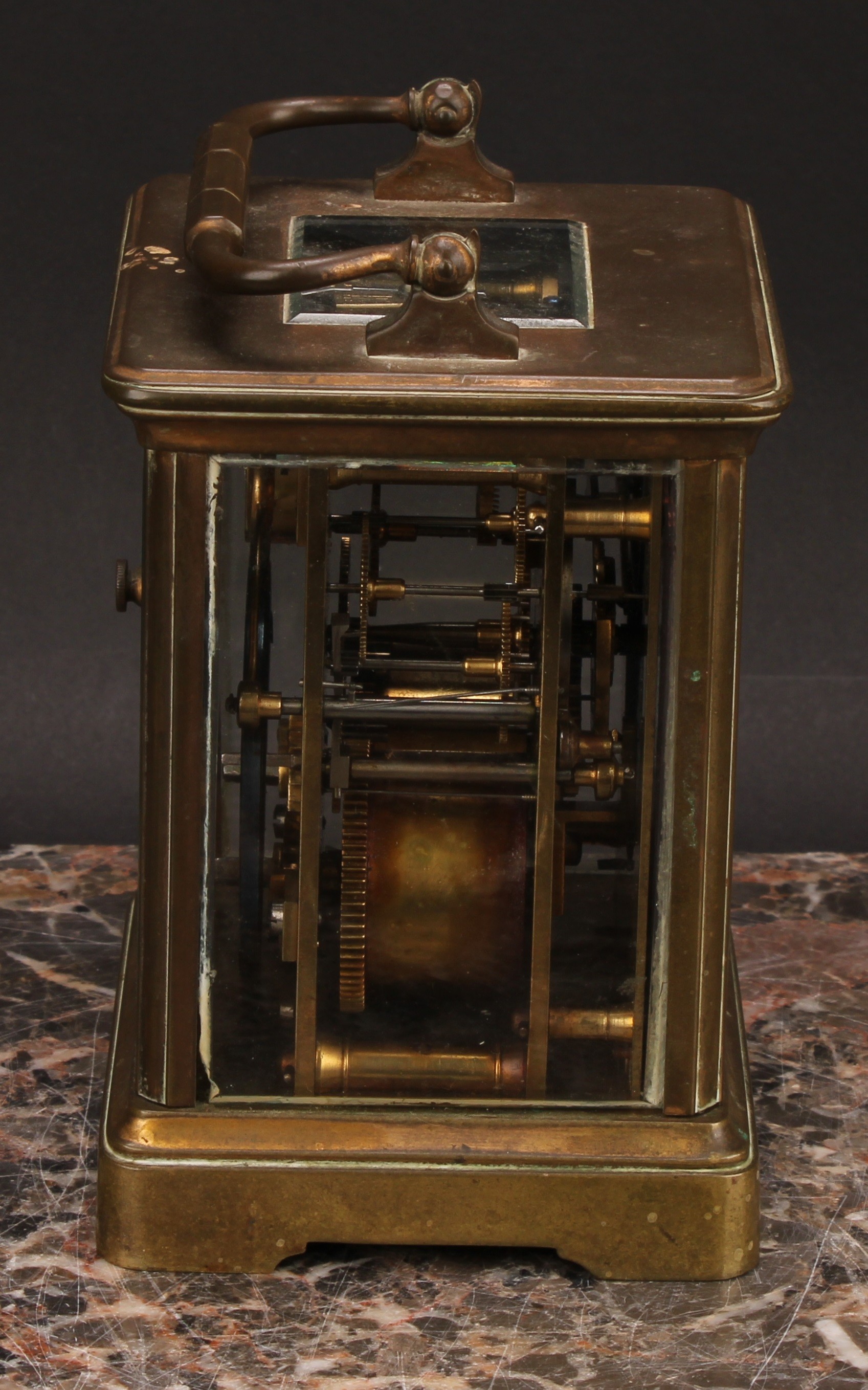 An early 20th century lacquered brass carriage clock, 6.5cm rectangular dial inscribed with Roman - Image 4 of 7