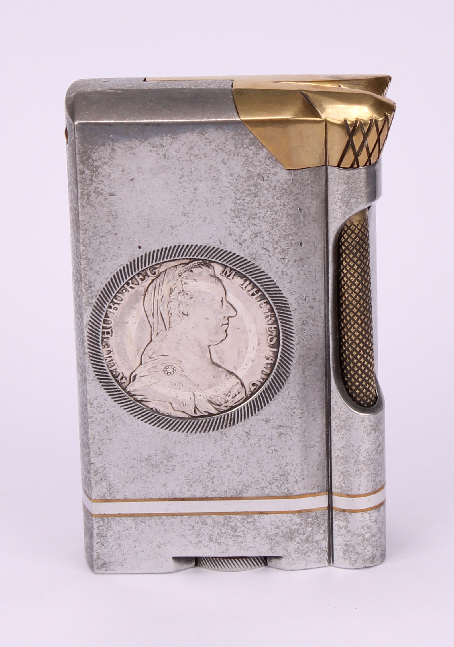 An unusual Trench Art style aluminium and brass table lighter, inset with two Austrian silver - Image 2 of 5