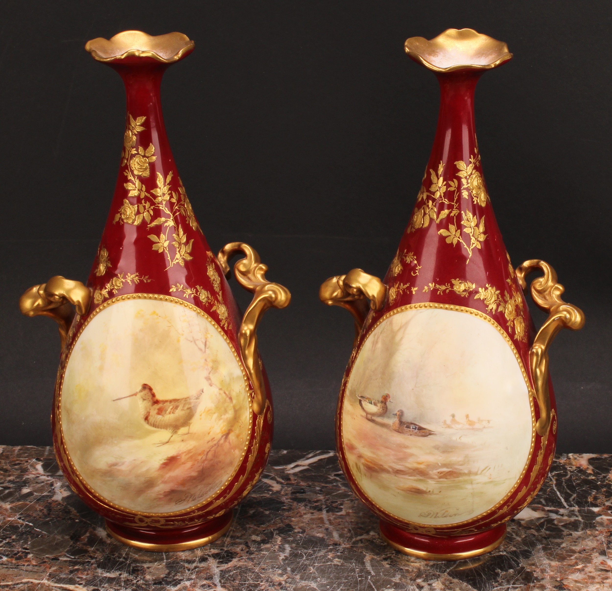 A pair of Doulton Burslem two handled pedestal bottle vases, painted by S. Wilson, signed, with - Image 2 of 14