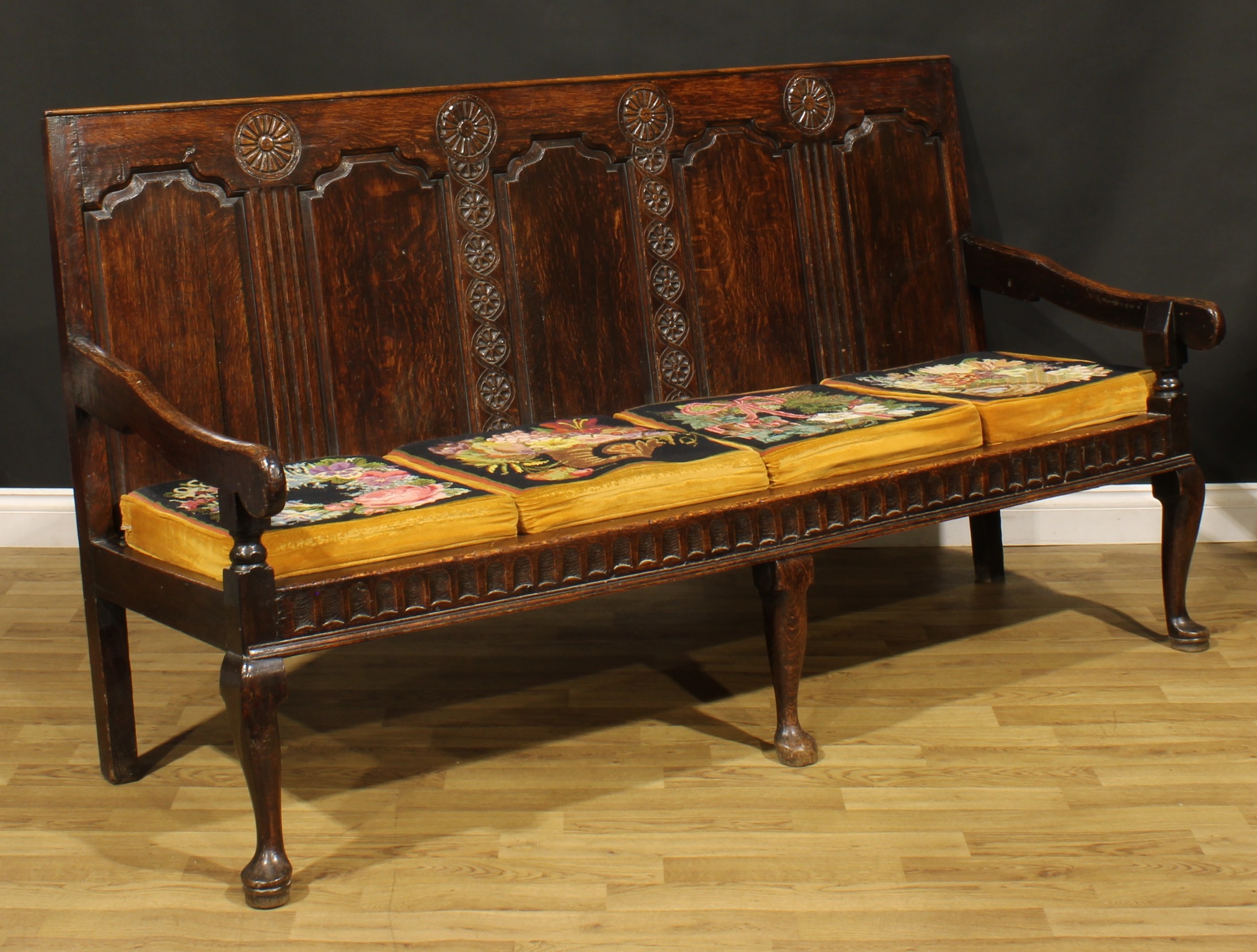 A 17th century design oak settle, rectangular back with five raised and fielded panels, nulled - Image 2 of 2