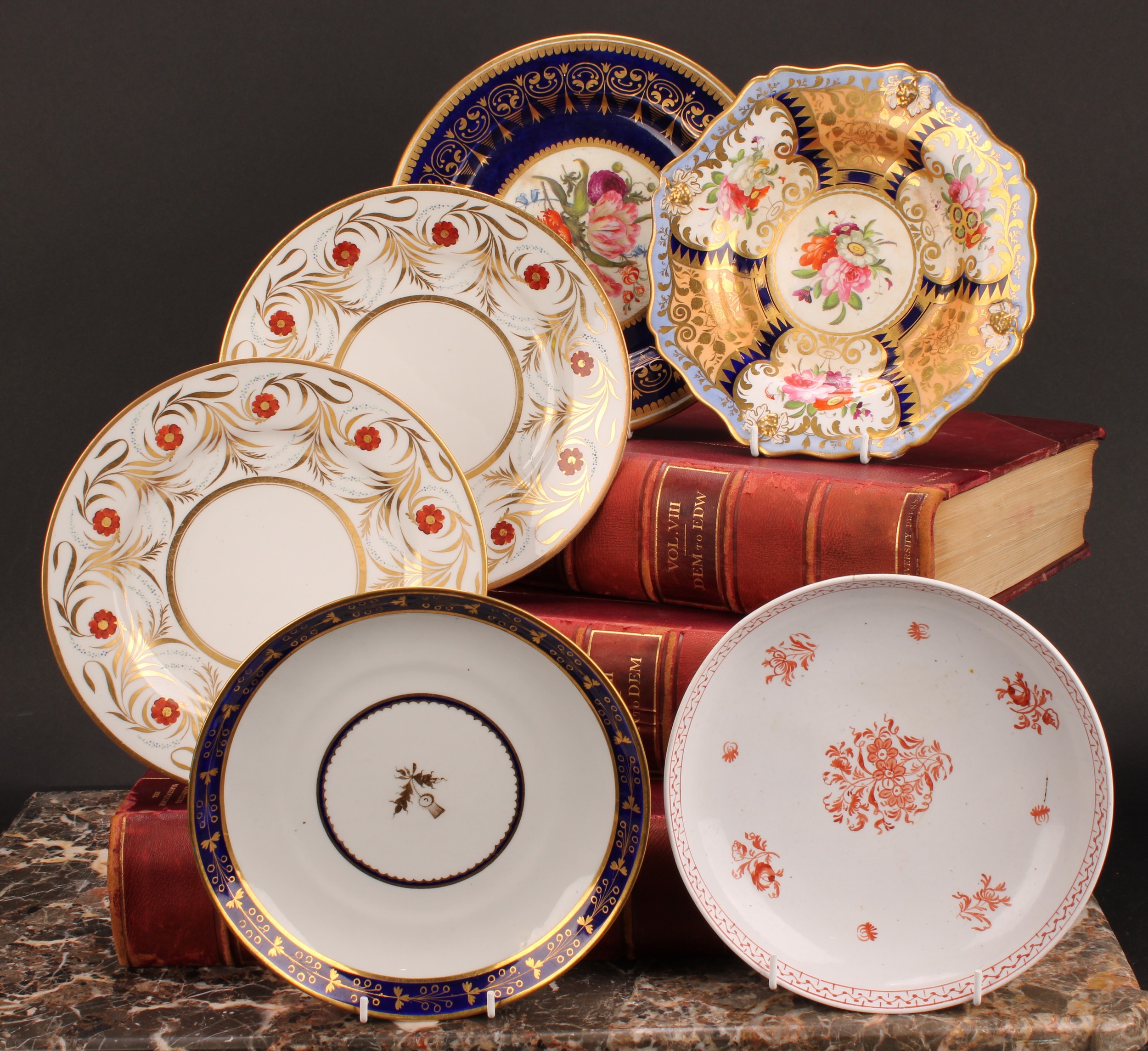 A pair of Worcester Barr Flight and Barr circular plates, painted with red flowers between scrolling