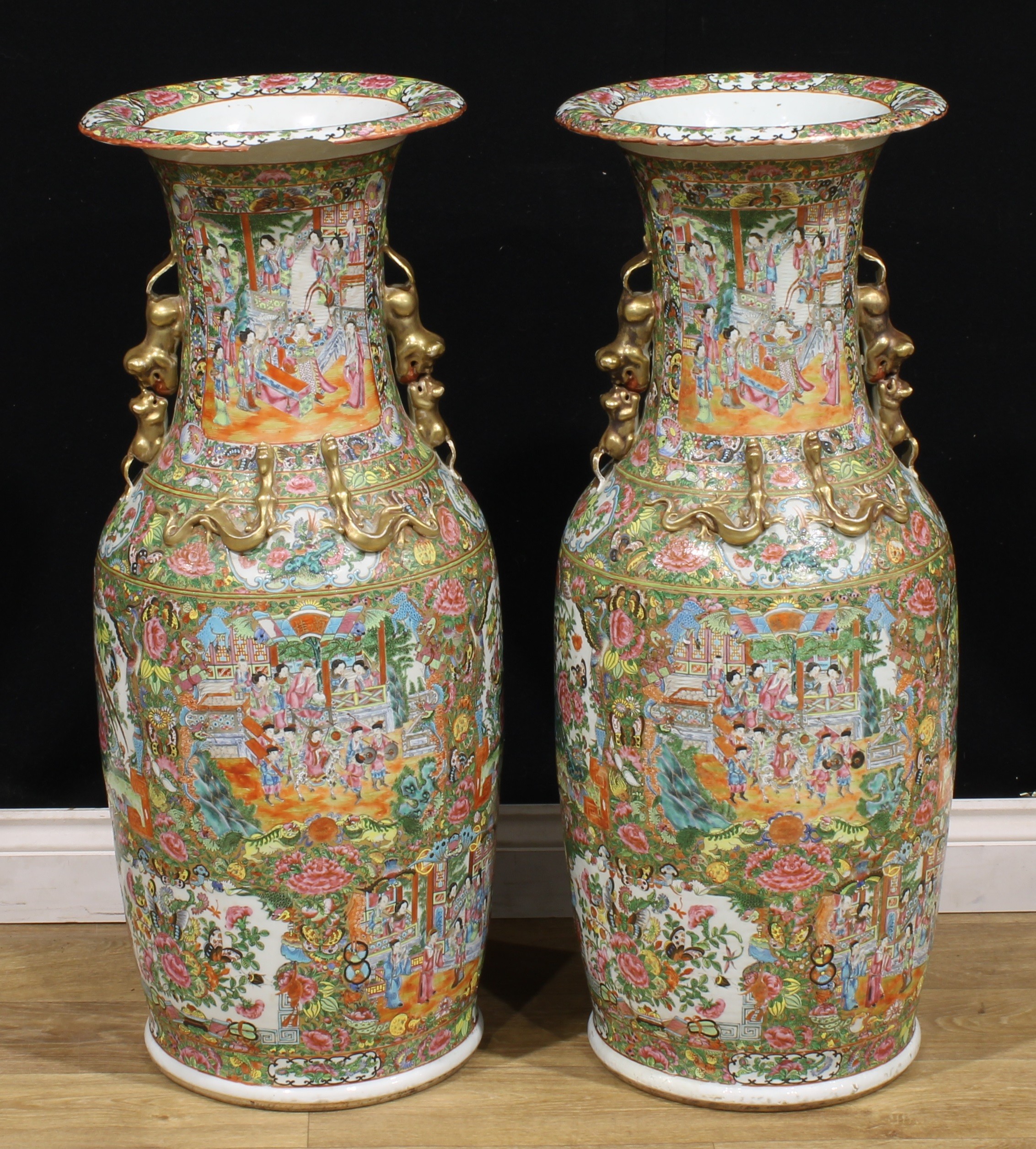 A pair of large Chinese famille rose floor vases, painted in the Cantonese taste with a profusion of - Image 4 of 4