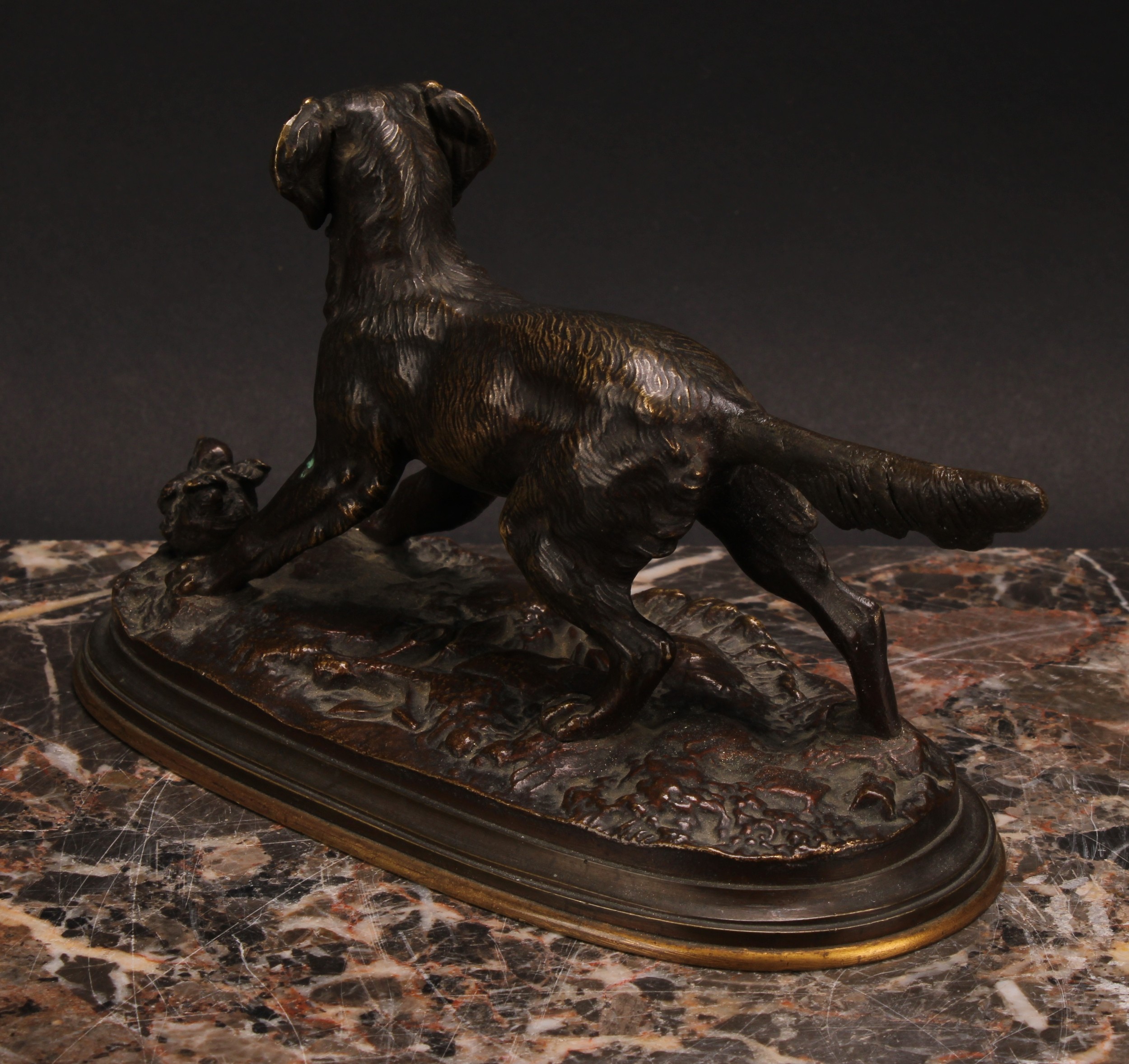 French School (19th century), a brown patinated bronze, of a retriever dog, oval base, 18cm long - Image 4 of 4