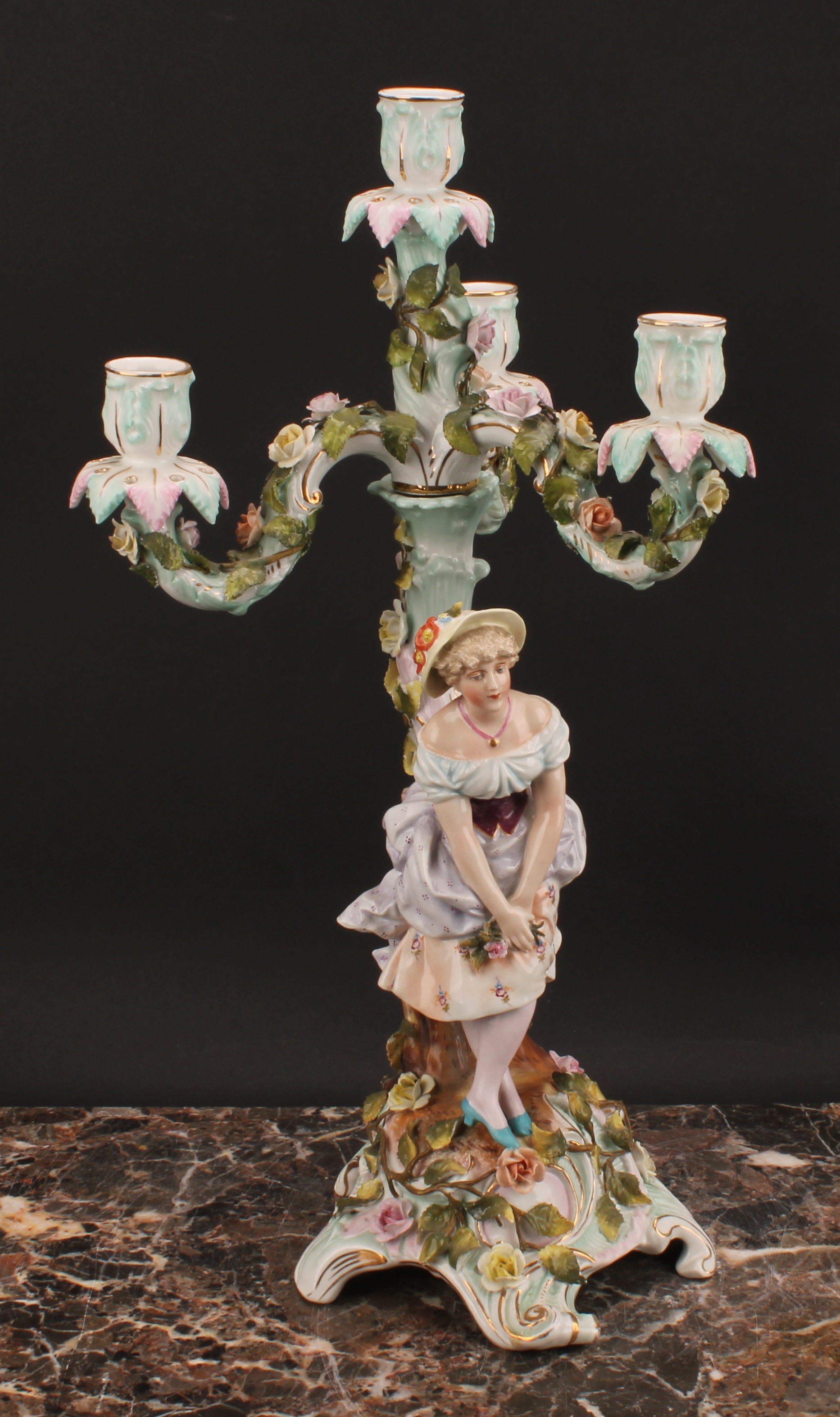 A pair of Sitzendorf figural four-light candelabra, modelled as a courting couple, each painted in - Image 3 of 10