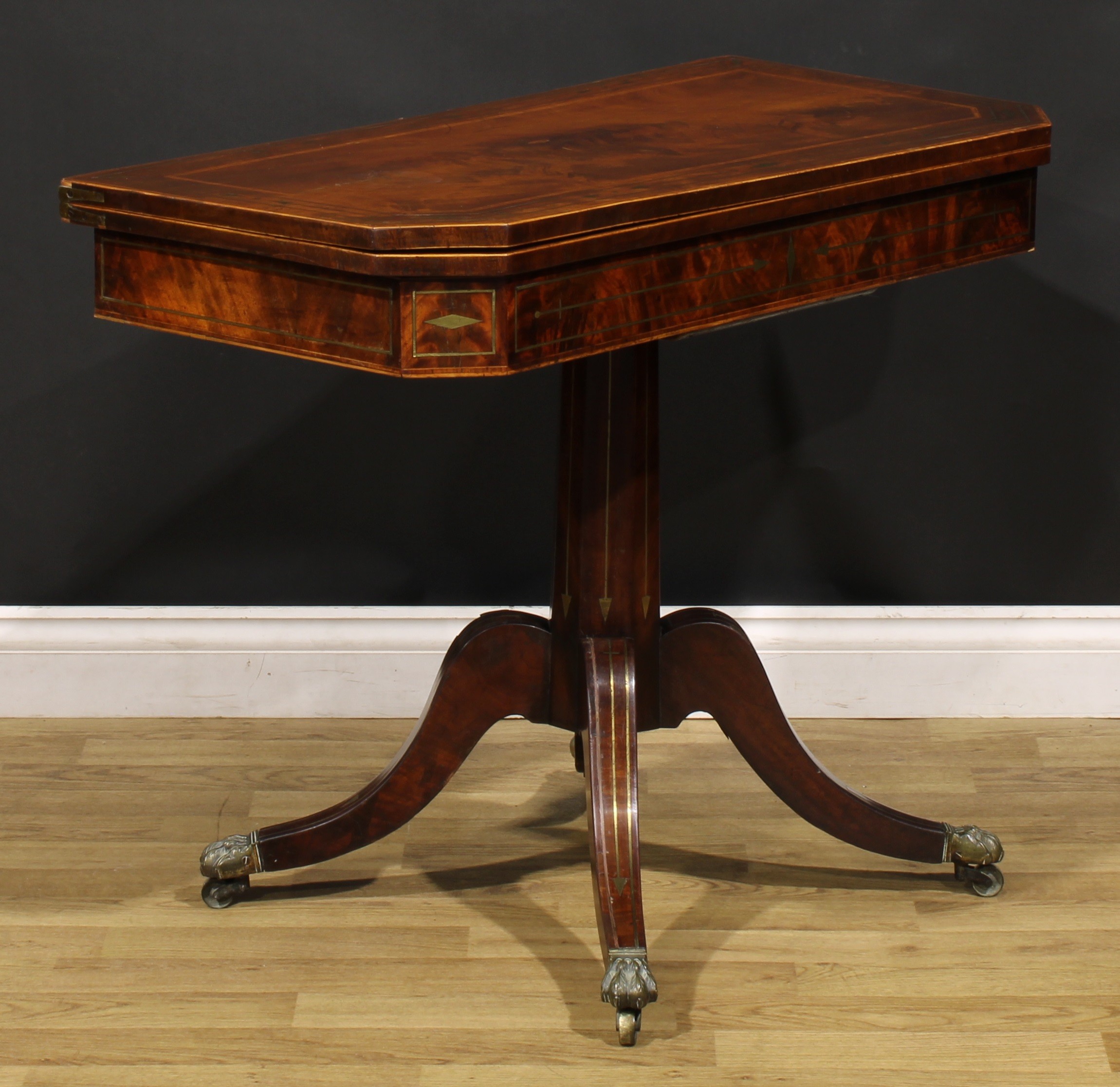 A Regency mahogany and brass marquetry card table, hinged top enclosing a baize lined playing - Image 4 of 6