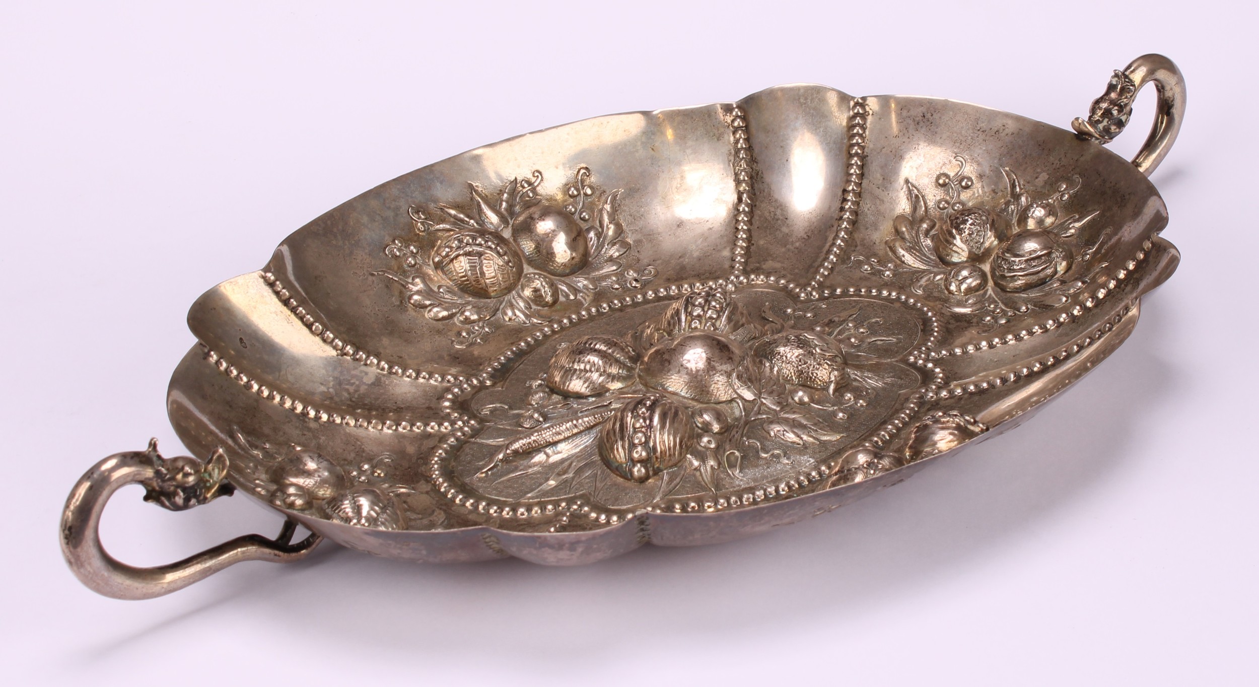 A German silver shaped oval fruit dish, chased in bold relief with leaves and ripe fruit, rustic - Image 3 of 3