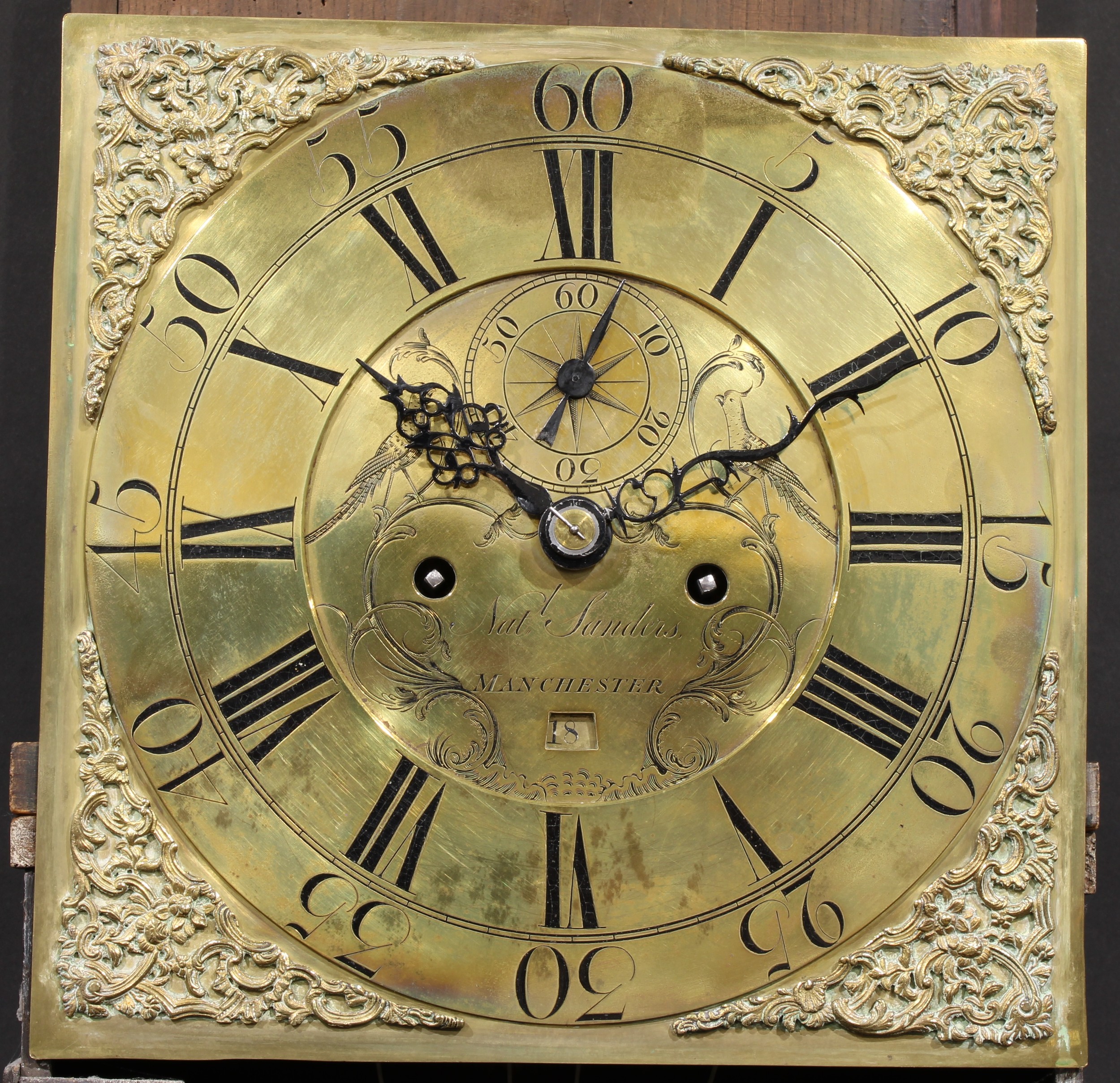 A George III oak longcase clock, 32cm square brass dial inscribed Natl Sanders, MANCHESTER, Roman - Image 4 of 6