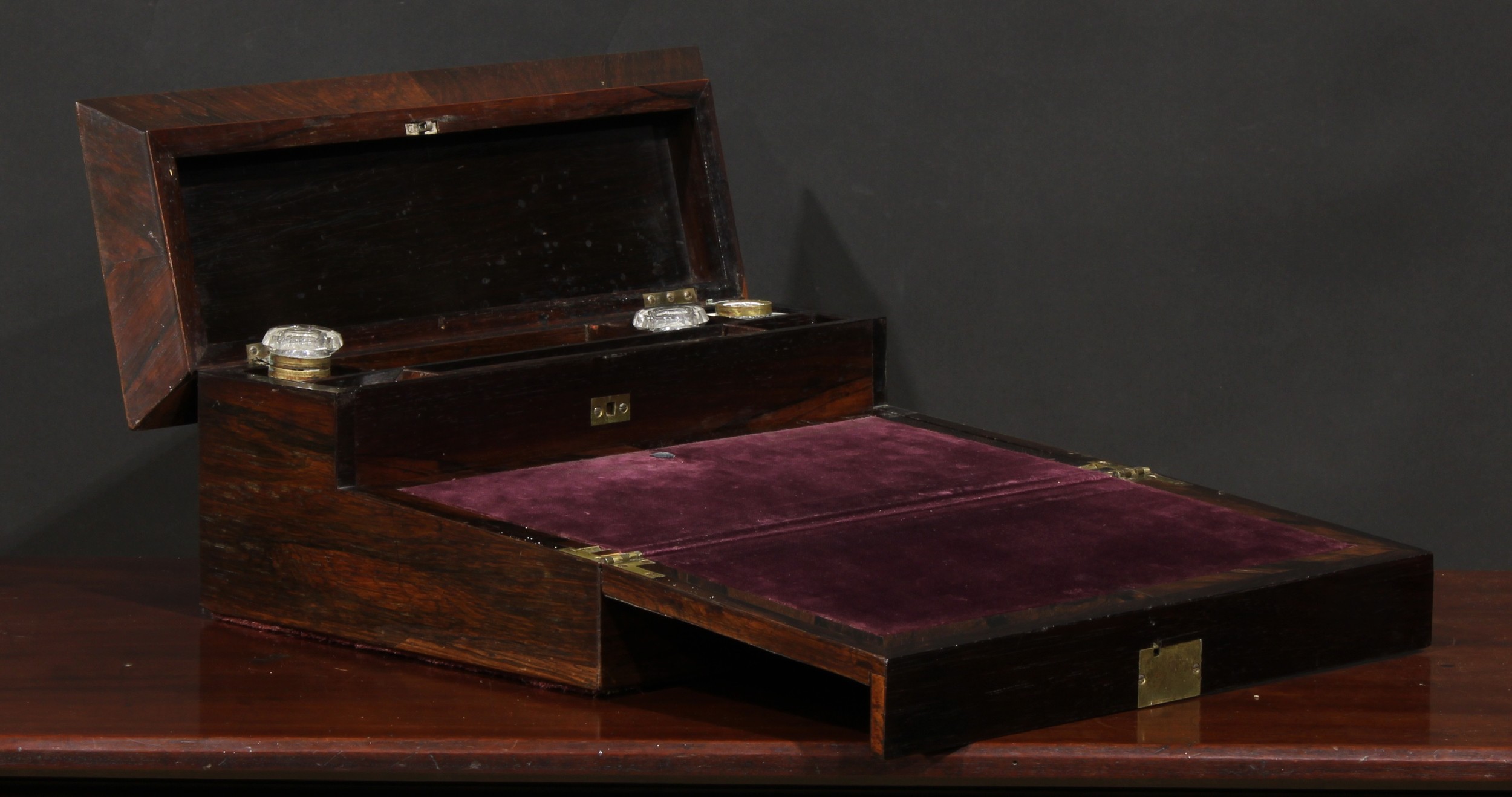 A 19th century rosewood and mother of pearl inlaid writing box, hinged cover enclosing fitted - Image 3 of 3