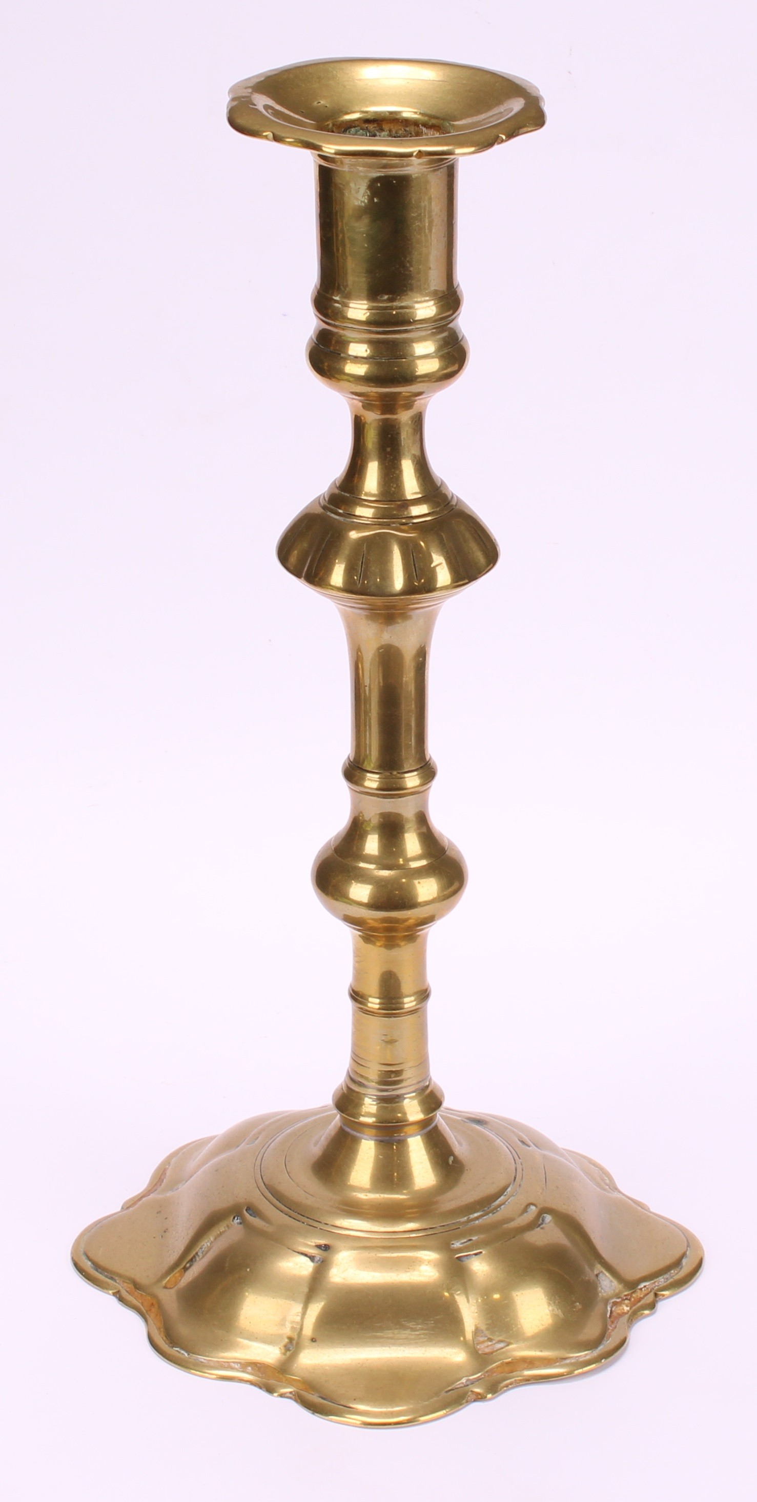 A pair of George II brass candlesticks, knopped pillars, domed shaped bases, 24cm high, c.1745 - Image 4 of 4