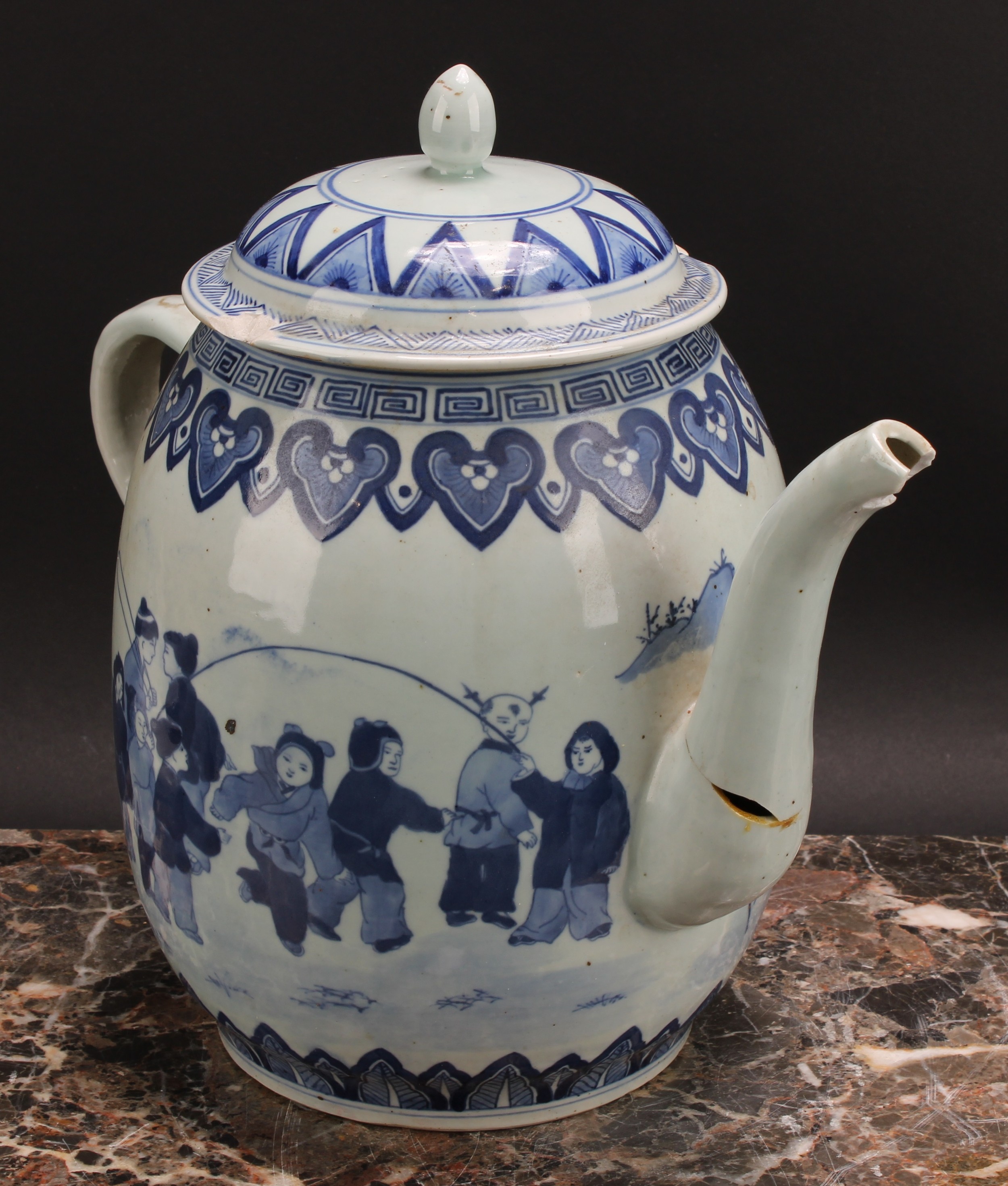 A large 19th century Chinese wine pot and cover, decorated in underglaze blue with figures from - Image 2 of 6