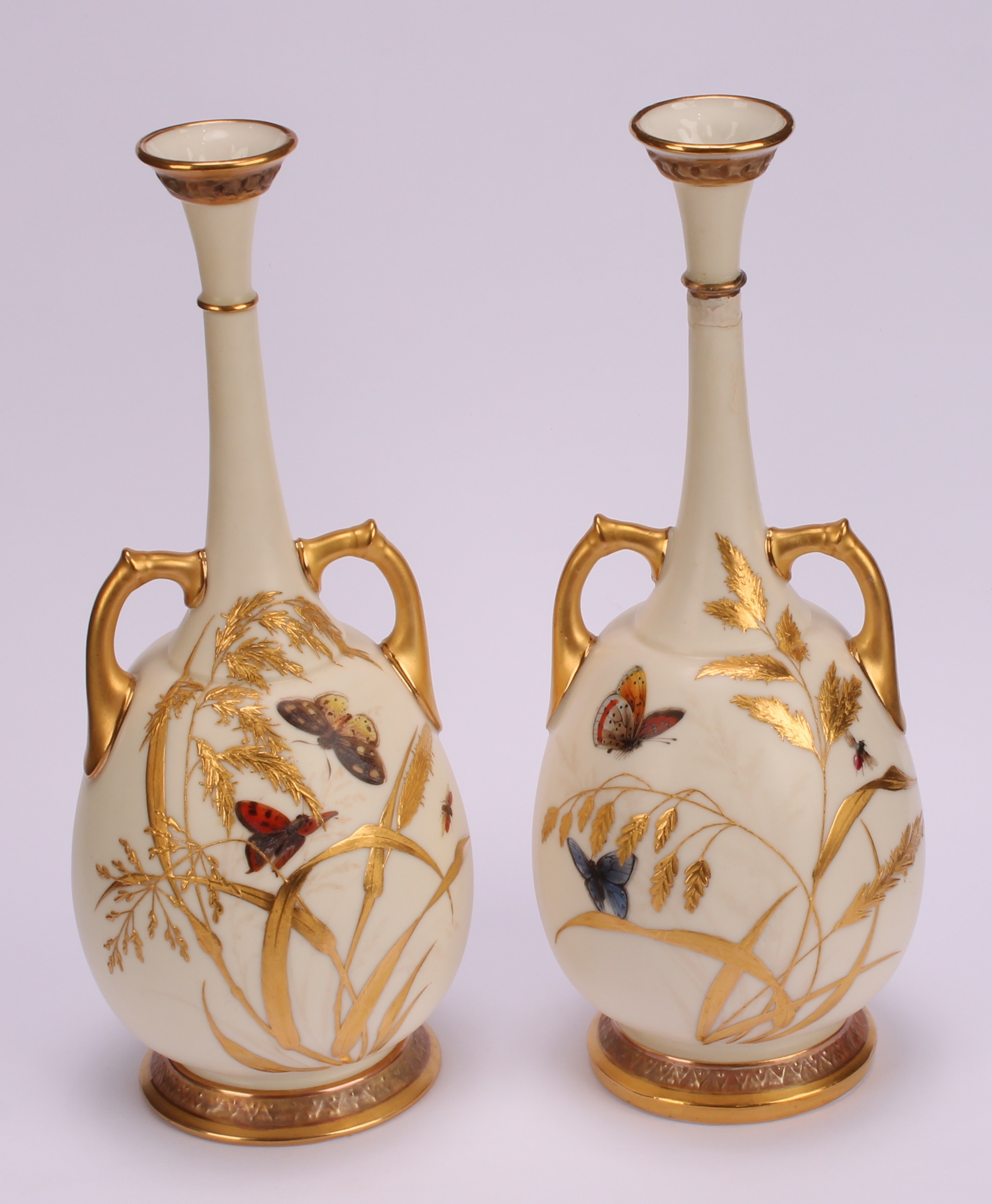 A pair of Royal Worcester two handled bottle vases, decorated in the Aesthetic manner with - Image 2 of 10