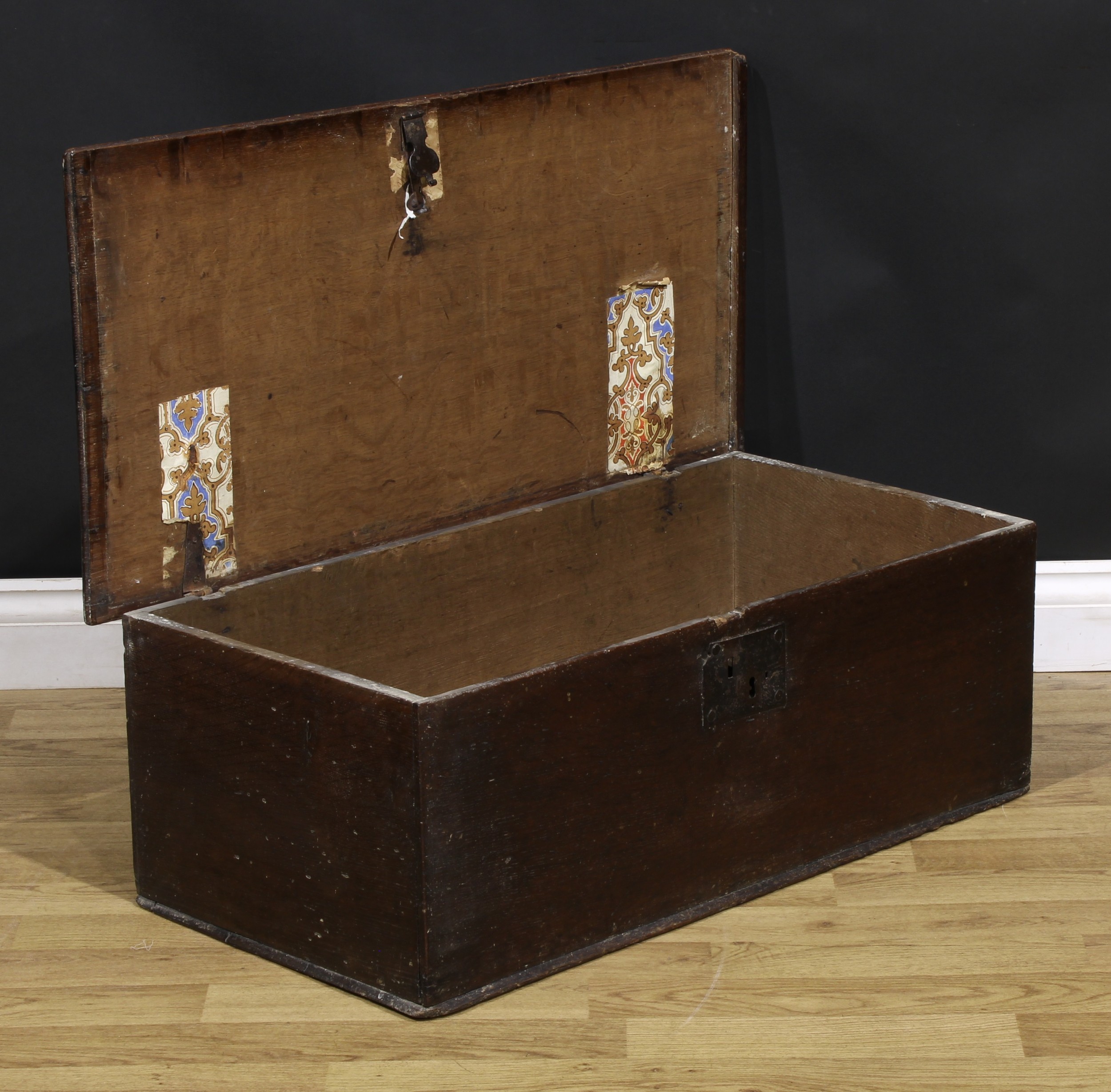 An 18th century oak six-plank boarded table box, hinged top, iron hasp and lock plate, 30cm high, - Image 3 of 4